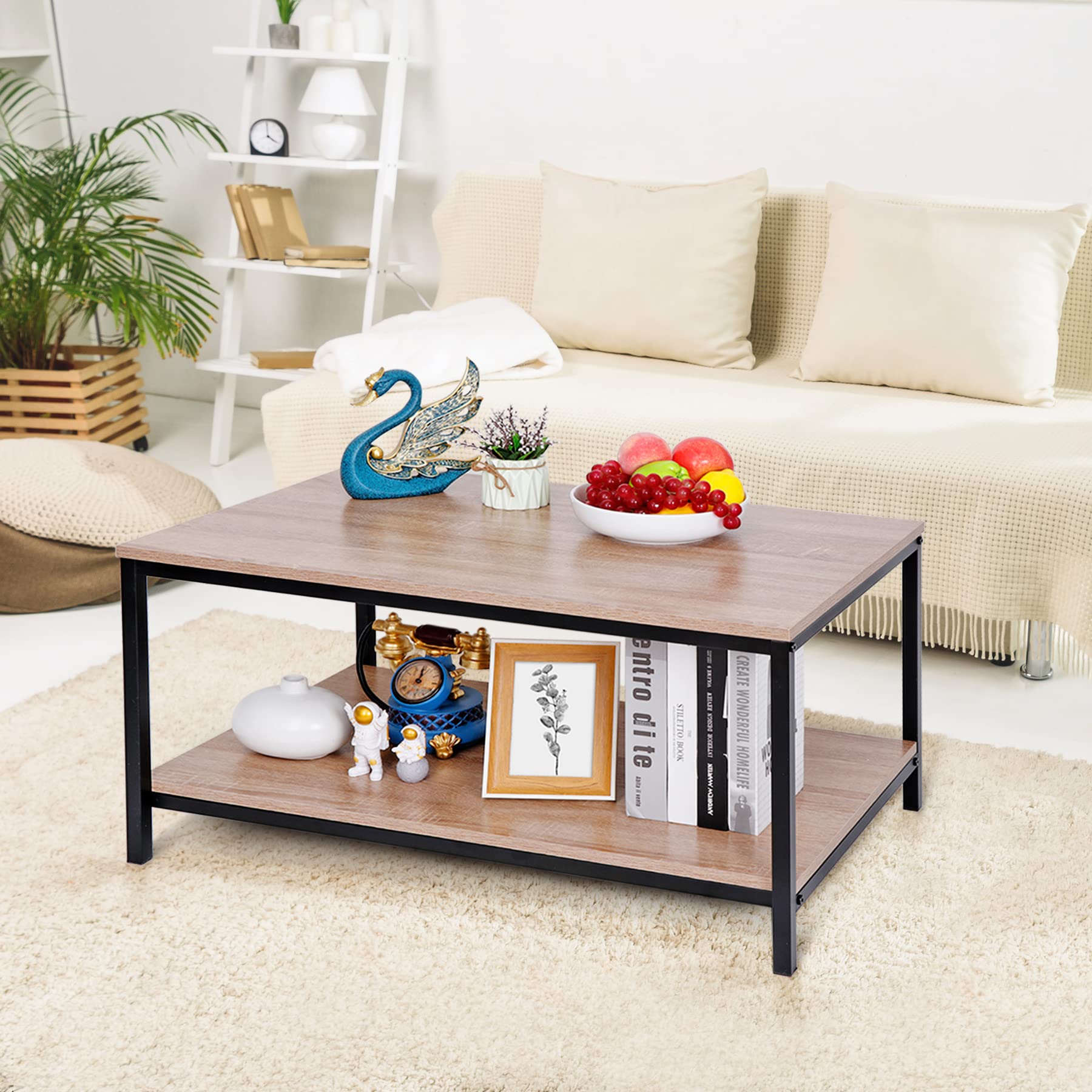 Super Deal 2-Tier Industrial Coffee Table With Storage Shelf For Small Apartment Living Room, Rectangle Wood And Stable Metal Tv Stand Side End Table, Natural Oak