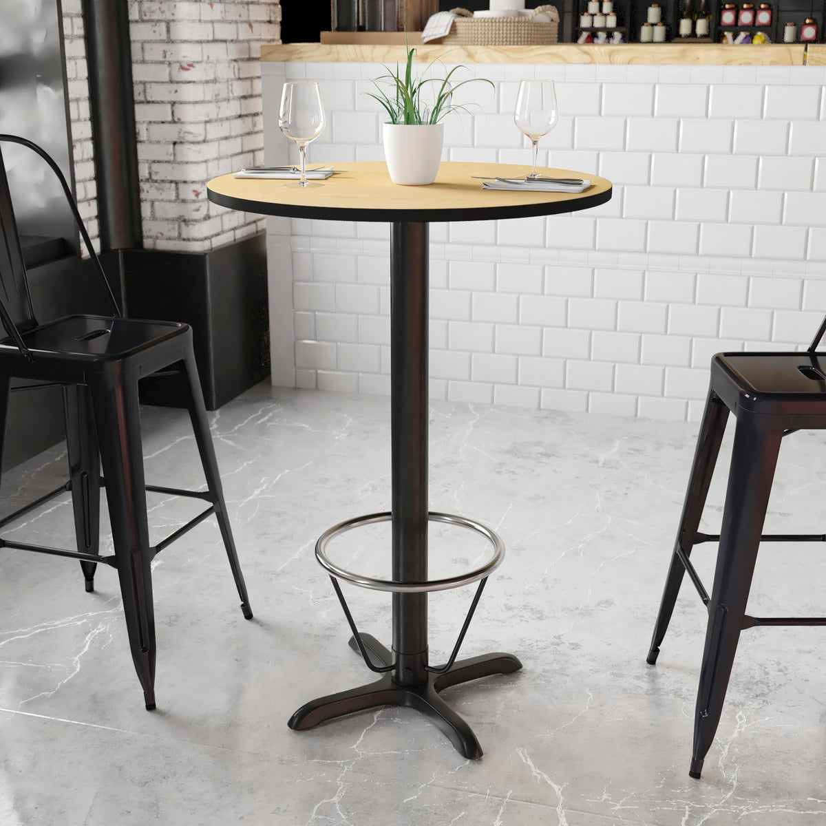 Flash Furniture 30'' Round Natural Laminate Table Top With 22'' X 22'' Bar Height Table Base And Foot Ring