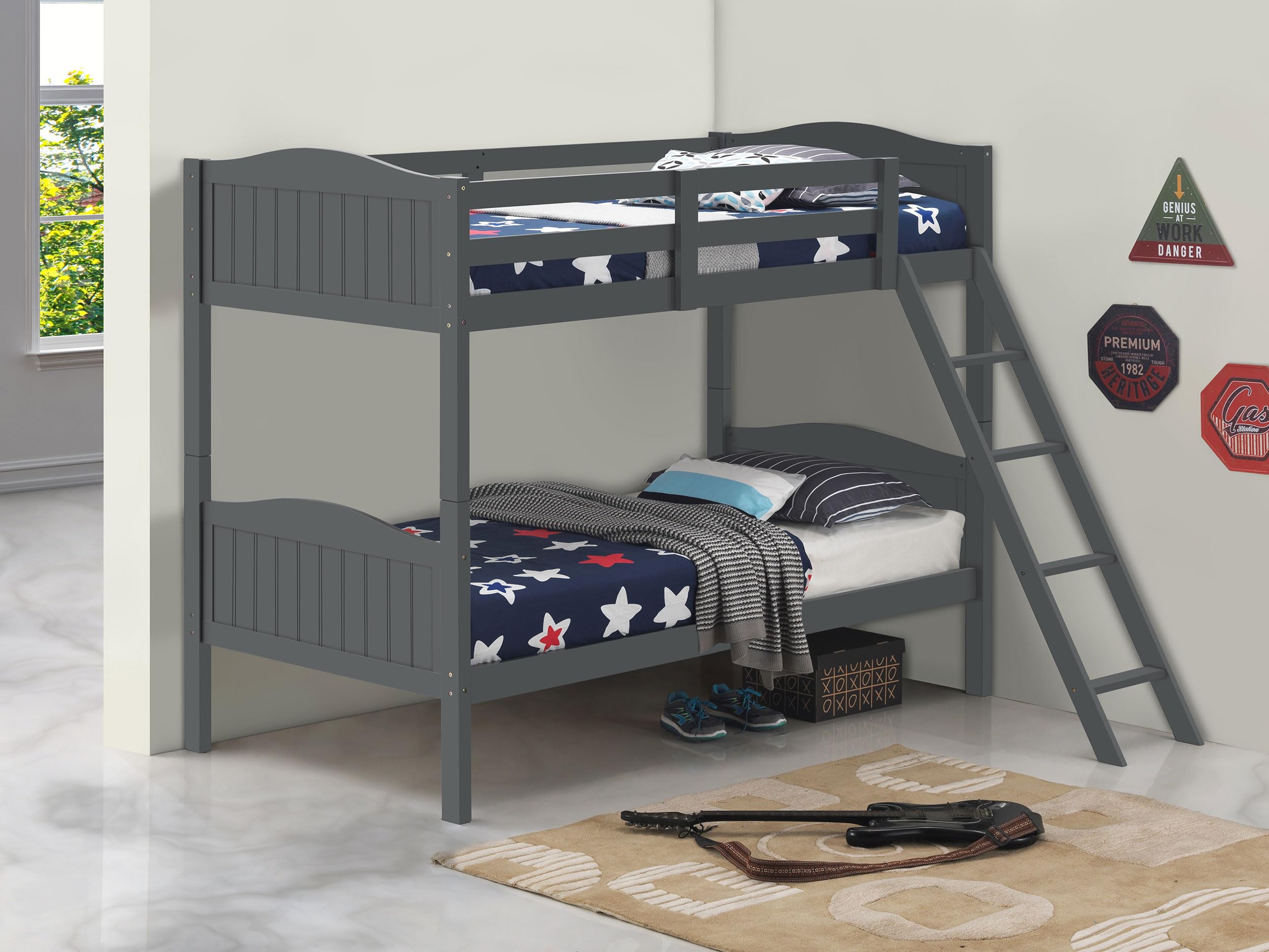 Coaster Home Furnishings Arlo Transitional Wood Twin Over Twin Size Bunk Bed Frame with Ladder and Guardrails Fully Slatted Mattress Ready Foundation Grey 405053GRY