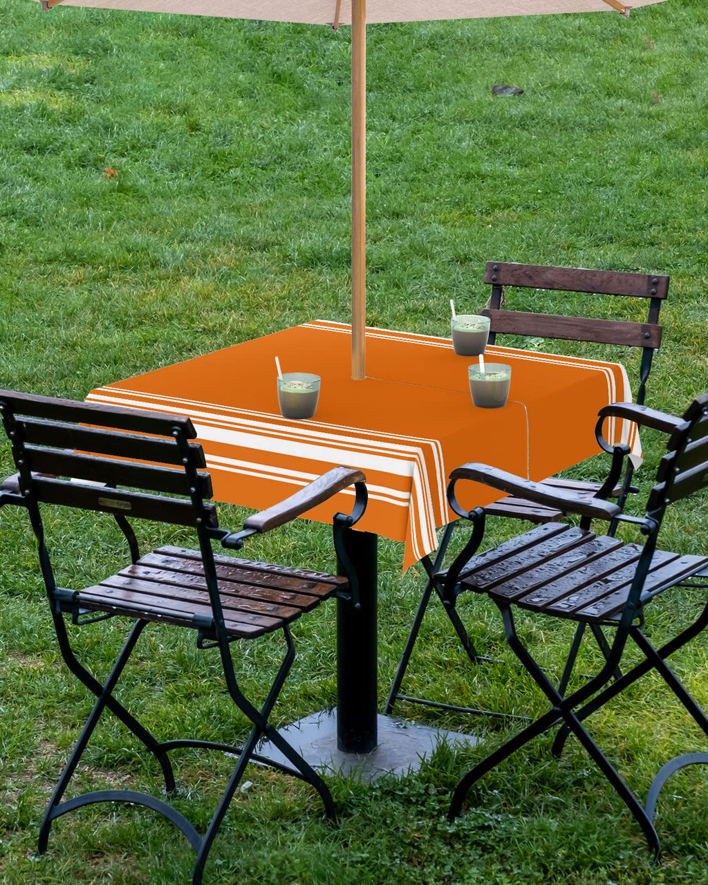 Fall Outdoor Tablecloth With Umbrella Hole, Farmhouse Orange White Stripe Square Tables Zippered Table Cloth Waterproof Tabletop