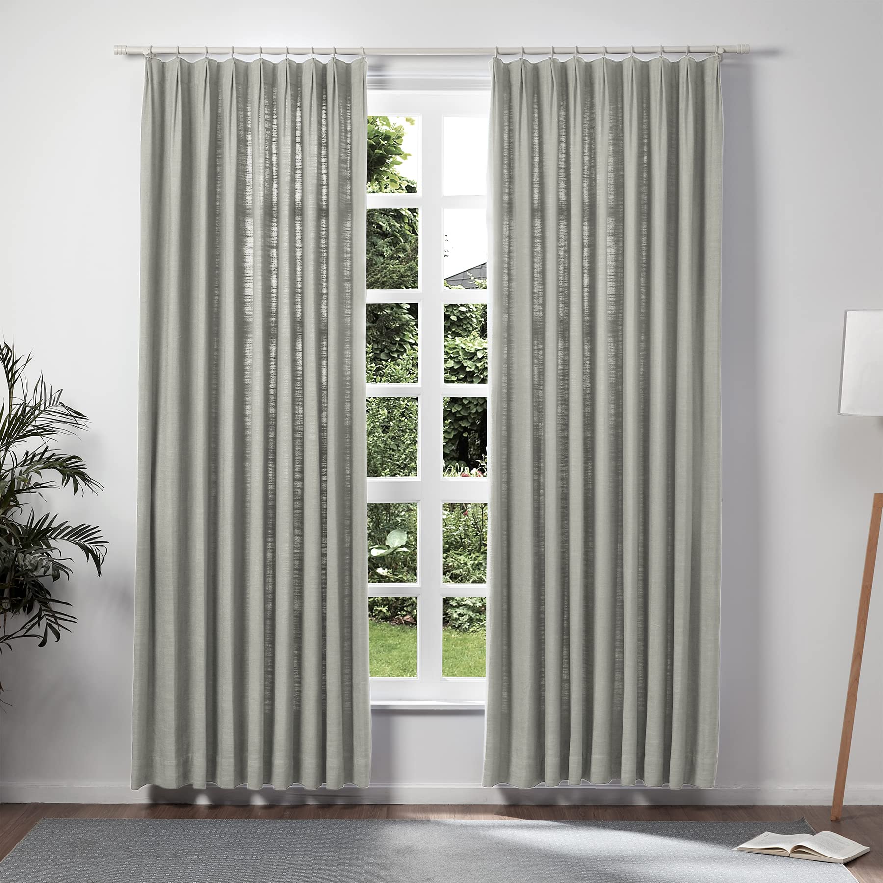TWOPAGES Light Gray Pinch Pleated Drape Linen Light Filtering Room Darkening Curtain for Bedroom, Double Layer Lined Curtain Win