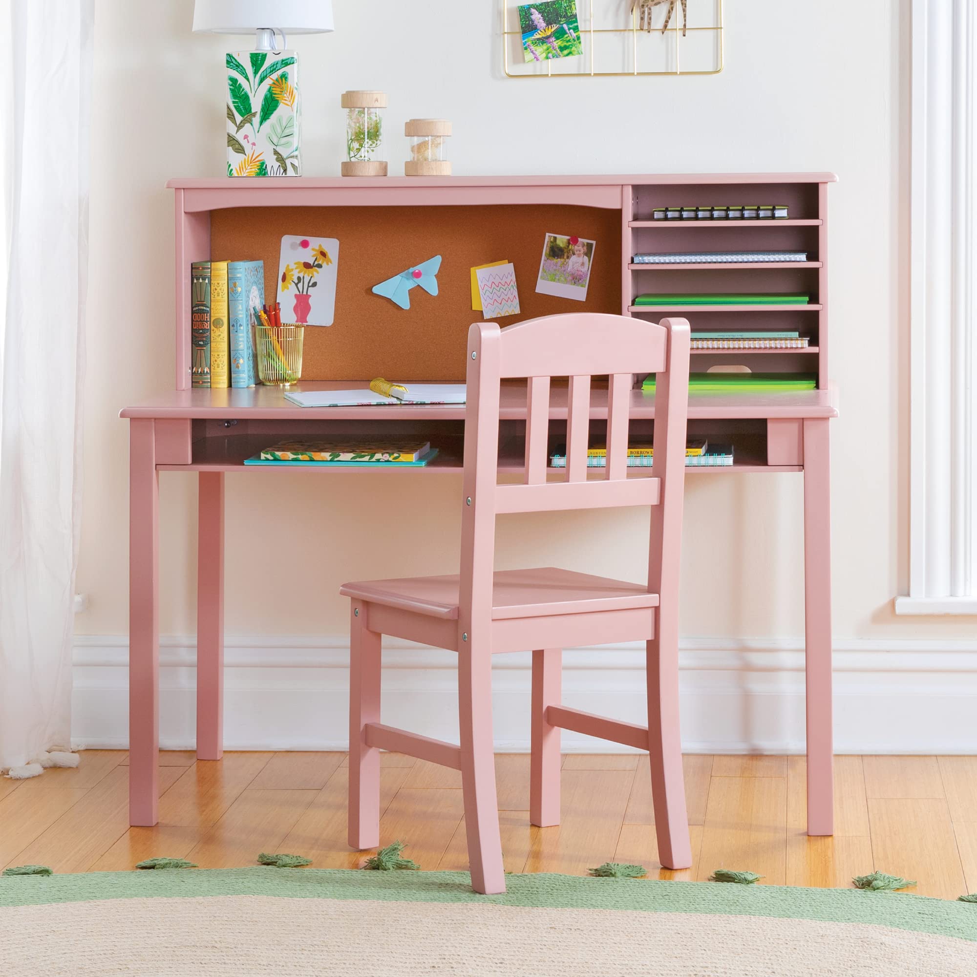 Guidecraft Kids Media Desk, Hutch and Chair Set - Pink: Students Computer Desk with Storage Shelves and Corkboard, Kids Wooden 