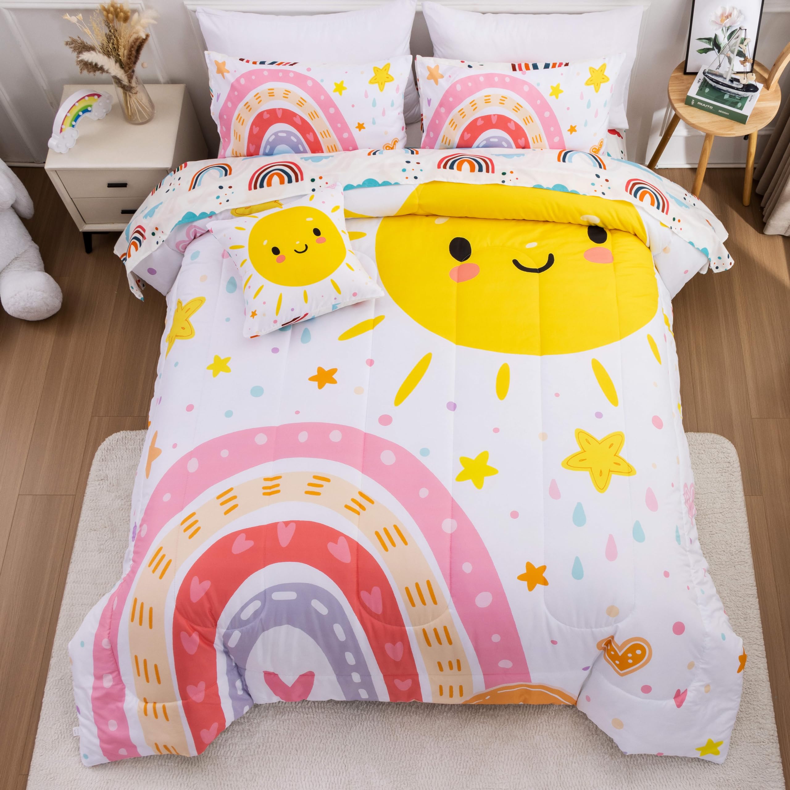 Btargot 5 Piece Pink Rainbow Comforter Set For Girls Boys Kids, Full Size Cartoon Love Hearts Flowers And Sun Star Bedding Set,
