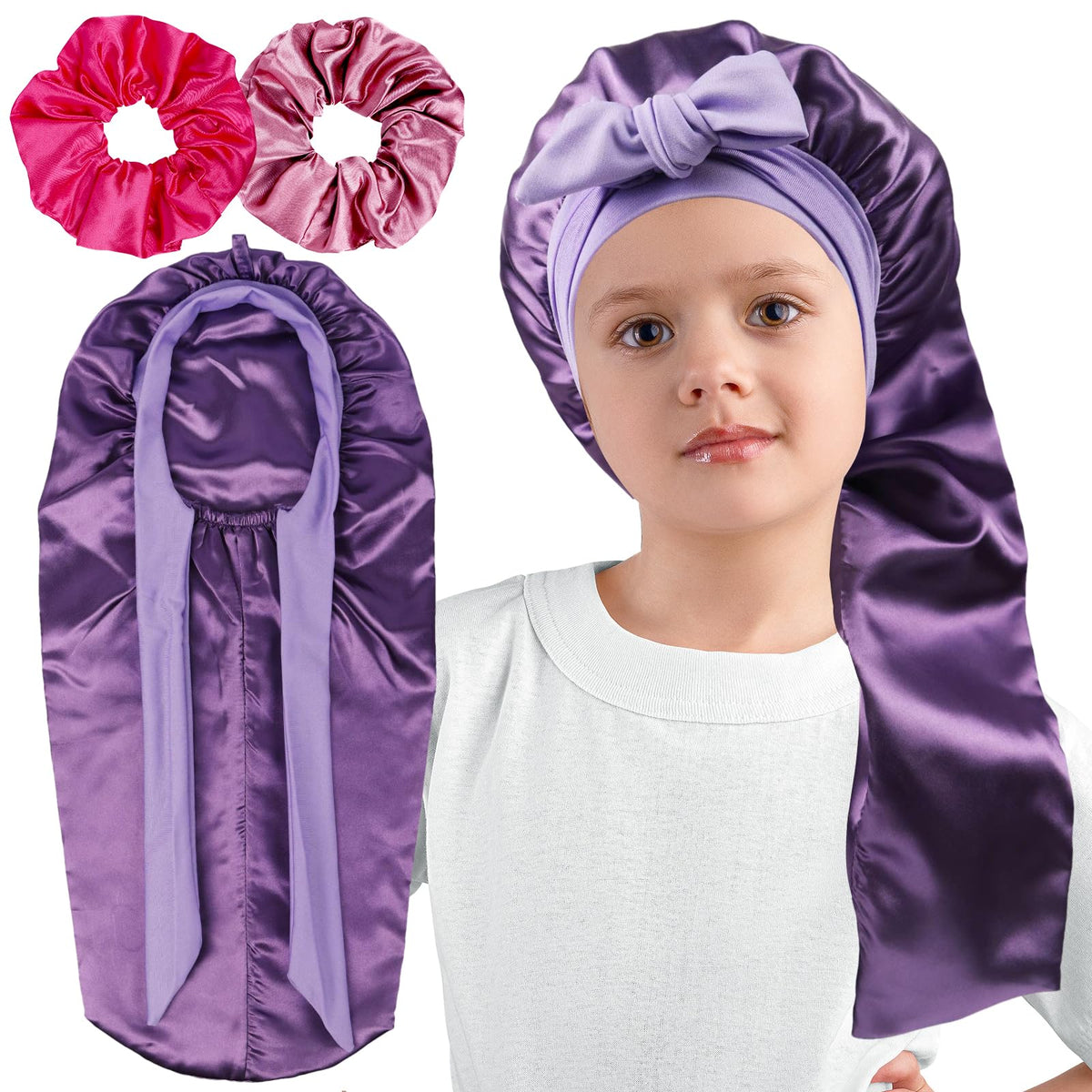 Long Kids Bonnets for Girls,Double Layer Satin Bonnet for Sleeping Kids,Bonnet for Kids Braids Long Hair Purple