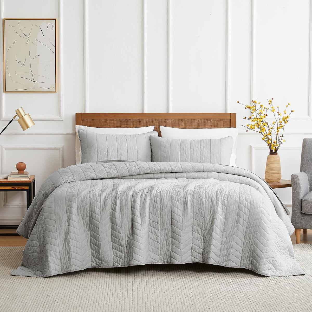 Palassio Light Grey 100% Cotton Quilt California Cal King Size Bedding Sets With Pillow Shams,Oversized Lightweight Soft Bedspre