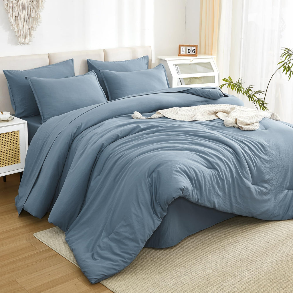 Litanika Comforter King Size Set Grayish Blue - 7 Pieces Bed In A Bag King Beddding Comforter Sets, Plain Lightweight Bed Set Wi