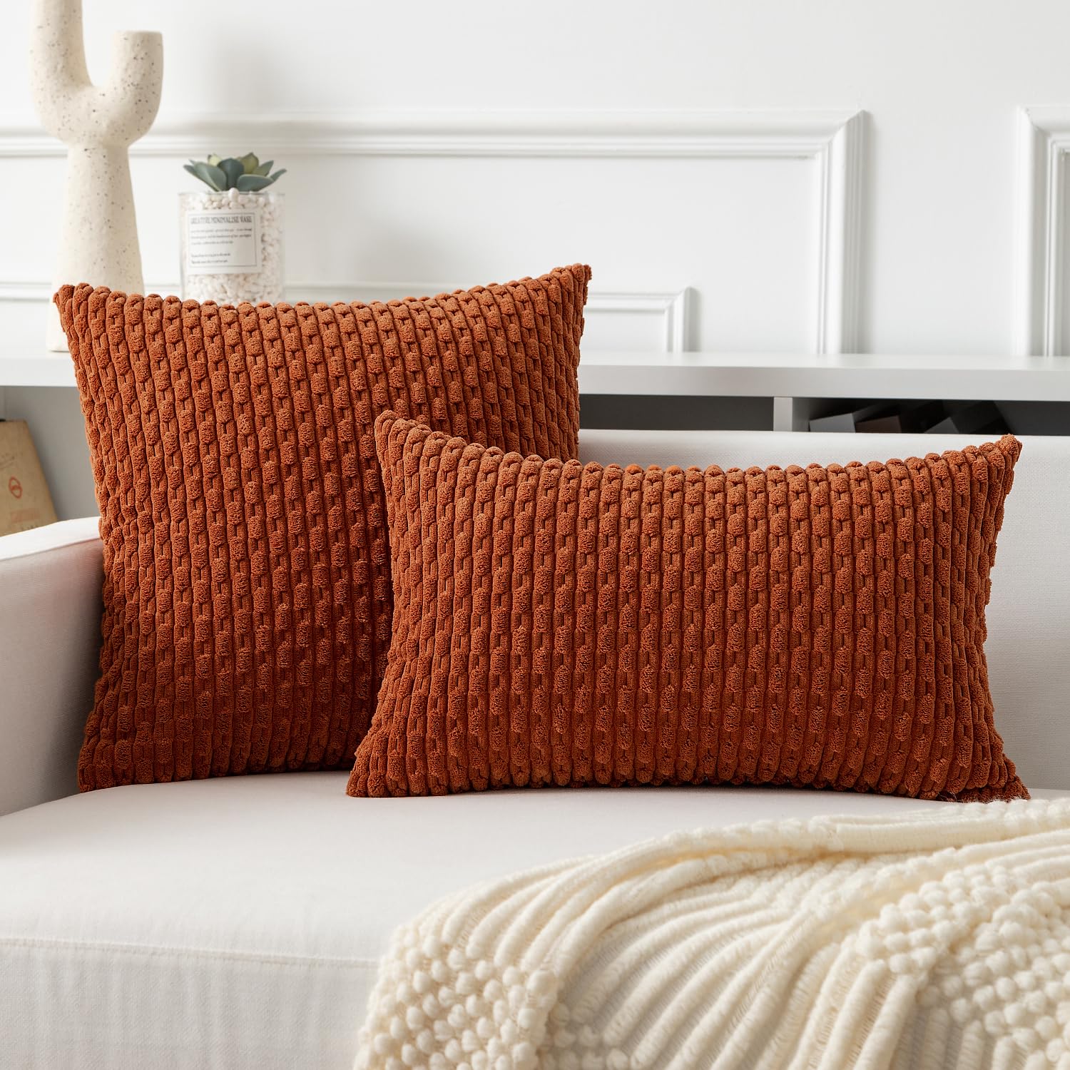Kevin Textile Throw Pillow Covers Soft Corduroy Decorative Set Of 2 Boho Striped Pillow Covers Pillowcases Farmhouse Home Decor For Couch Bed Sofa Living Room 18X18 Inch Rust Brown