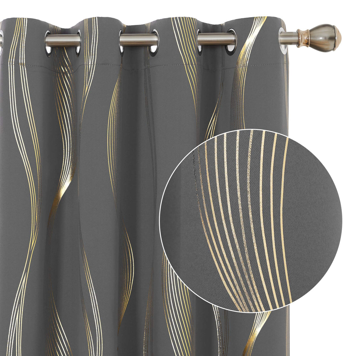 Deconovo Golden Foil Print Wave Design Blackout Curtains, Grommet Top Window Curtain For Kids Room, 2 Curtain Panels, 52 By 63 I