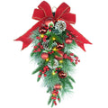 24 Pre-lit Decorative Teardrop Swag, Battery Operated Christmas Swag with Fairy Lights, Red Bowknot & Baubles, Pine Cones, Red B