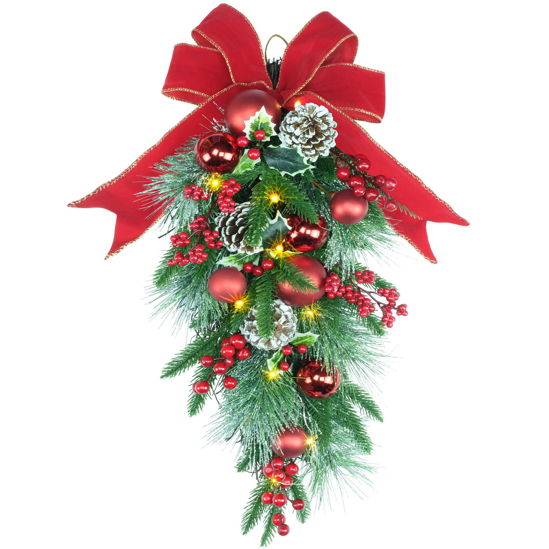 24 Pre-lit Decorative Teardrop Swag, Battery Operated Christmas Swag with Fairy Lights, Red Bowknot & Baubles, Pine Cones, Red B