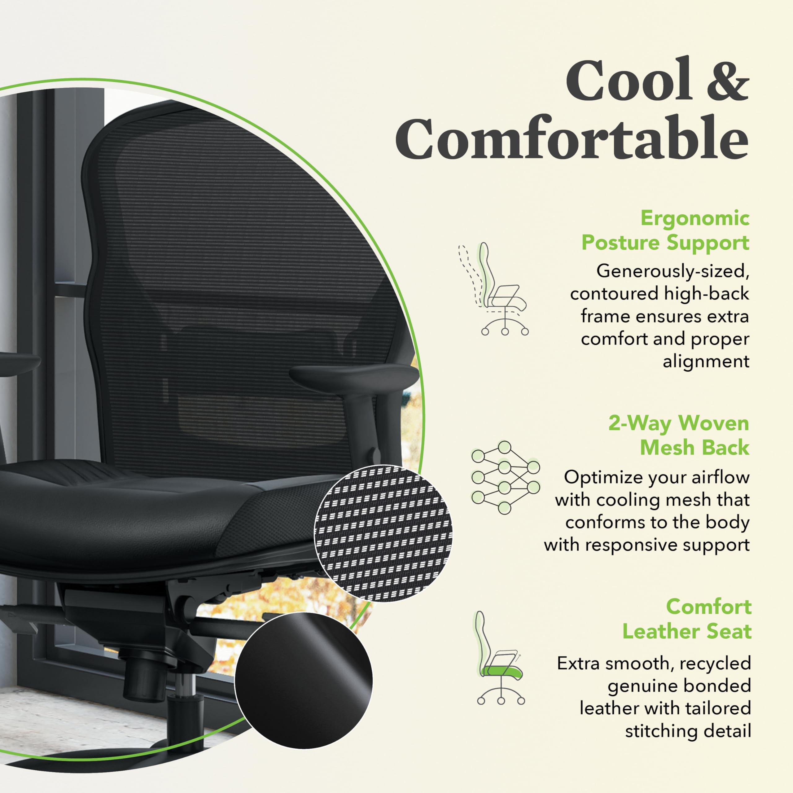 HON Wave High Back Leather Office Chair, Beathable Mesh, Ergonomic Office Chair with Adjustable Arms and Back Support, 360 Swivel, Synchro-Tilt, Black