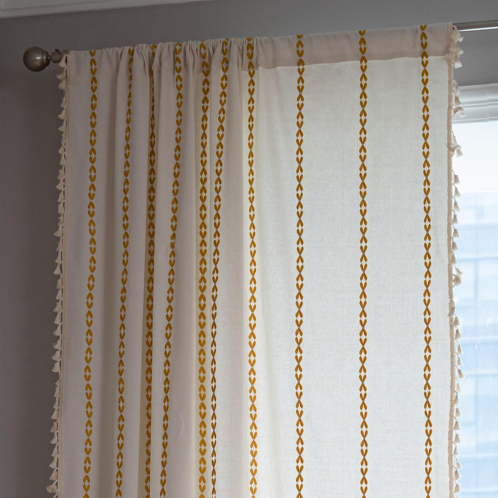 Sutuo Home Boho Curtains 84 Inch Length For Bedroom, Semi Blackout Farmhouse Vintage Shabby Chic Tassels Window Treatment Bohemian Embroidery Drape, Rod Pocket 1 Panel 52' W X 84' L, White And Gold
