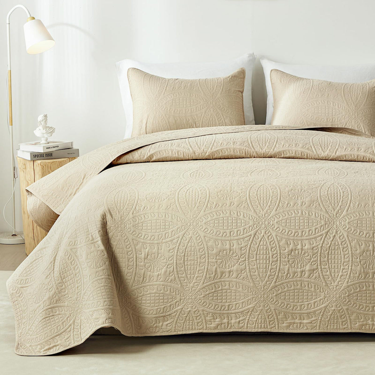 Akkialla Queen Quilt Bedding Set,Beige Ultrasonic Full/Queen Quilt Set,Lightweight Soft Bedspread Coverlet,Modern Style Coin Pat