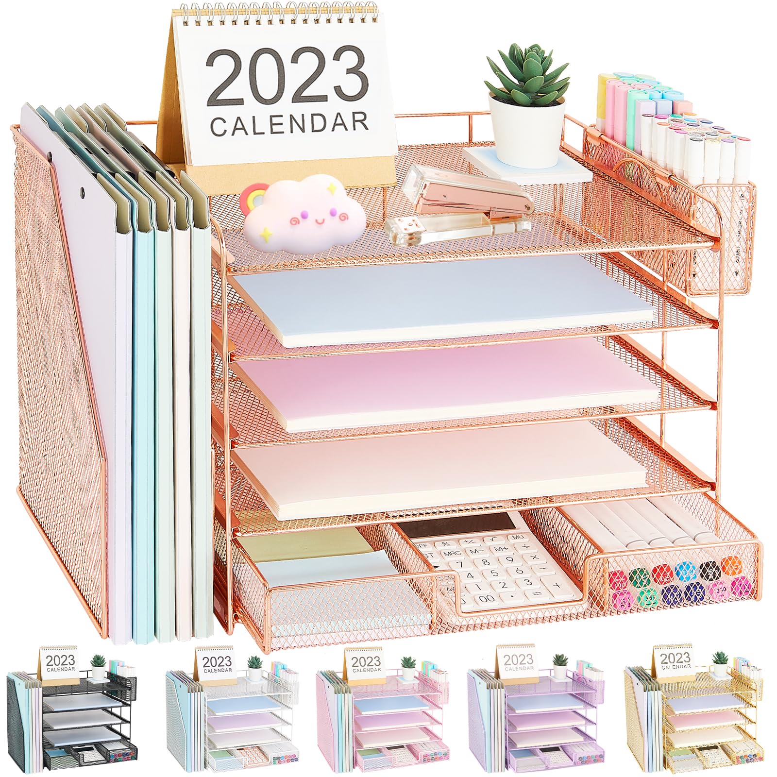 Gugsey Desk Organizer, 5-Tier Paper Letter Tray Organizer With File Holder + Drawer + Pen Holder, Desk Organizers And Accessorie