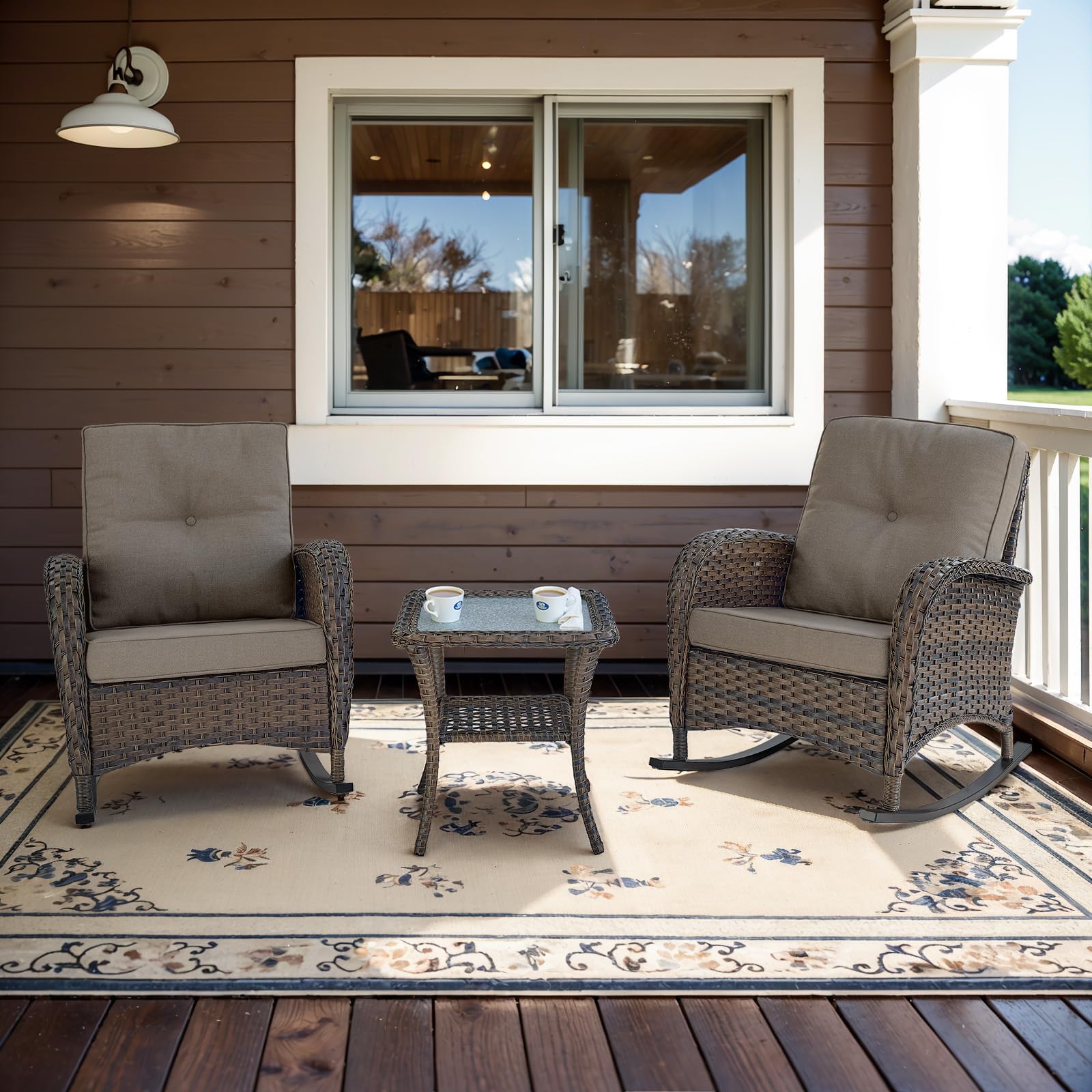 Belord Wicker Porch Rocking Chairs - 3 Pieces Patio Bistro Set High Back Outdoor Rocker Chairs Set With Side Table For Deck Balcony Brown/Grey