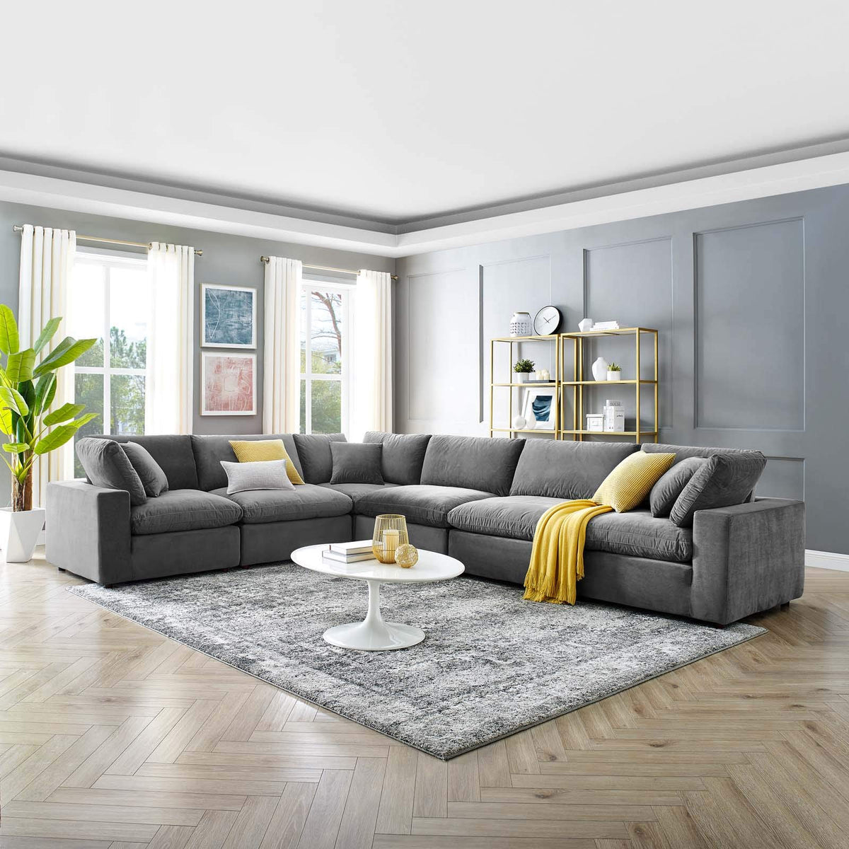 Modway Commix Down Filled Overstuffed Performance Velvet 6-Piece Sectional Sofa In Gray