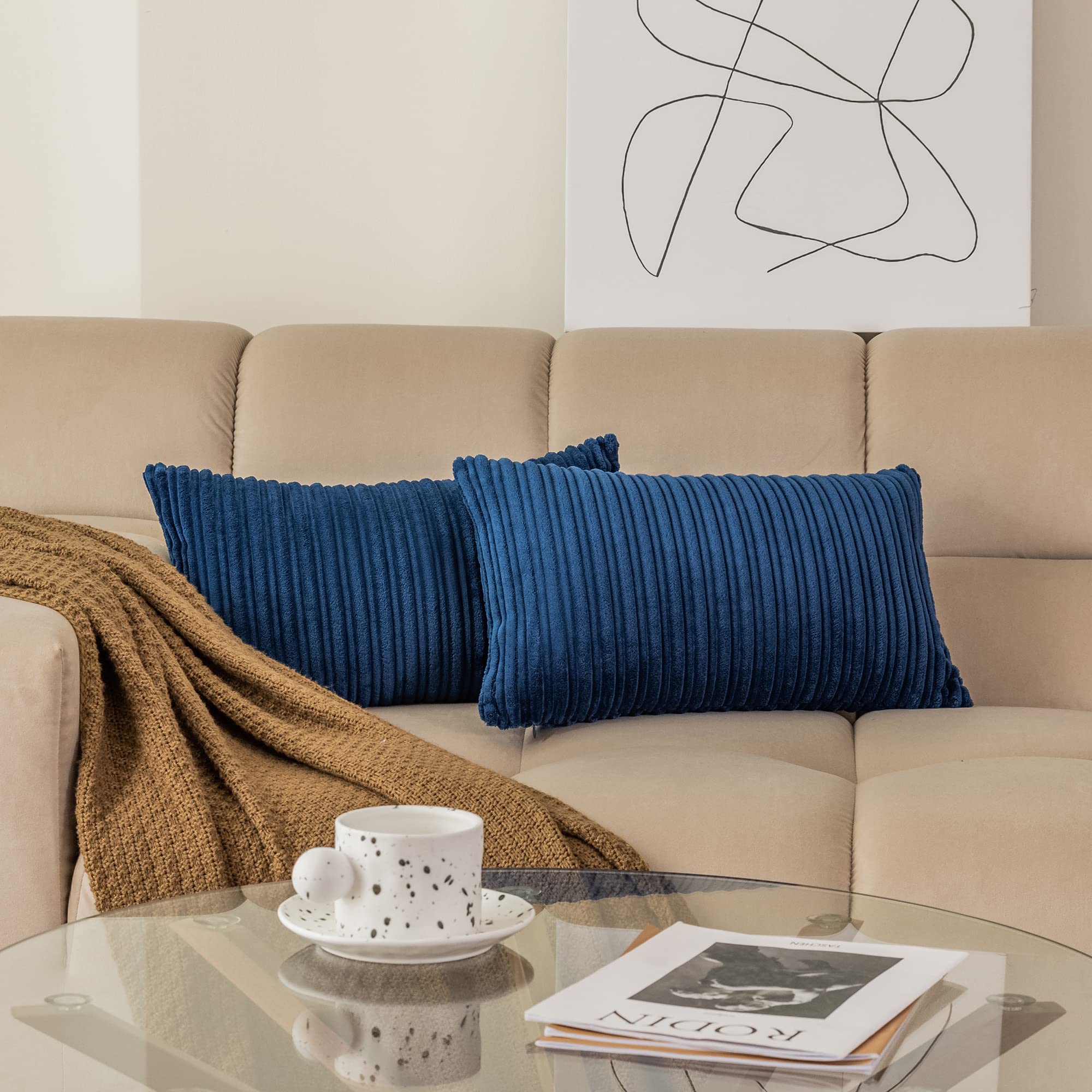 Kevin Textile Set Of 2, Corduroy Style Cushion Cover With Stripe Pattern, 12X20 Inch, Throw Pillow Covers In Navy Blue, Machine