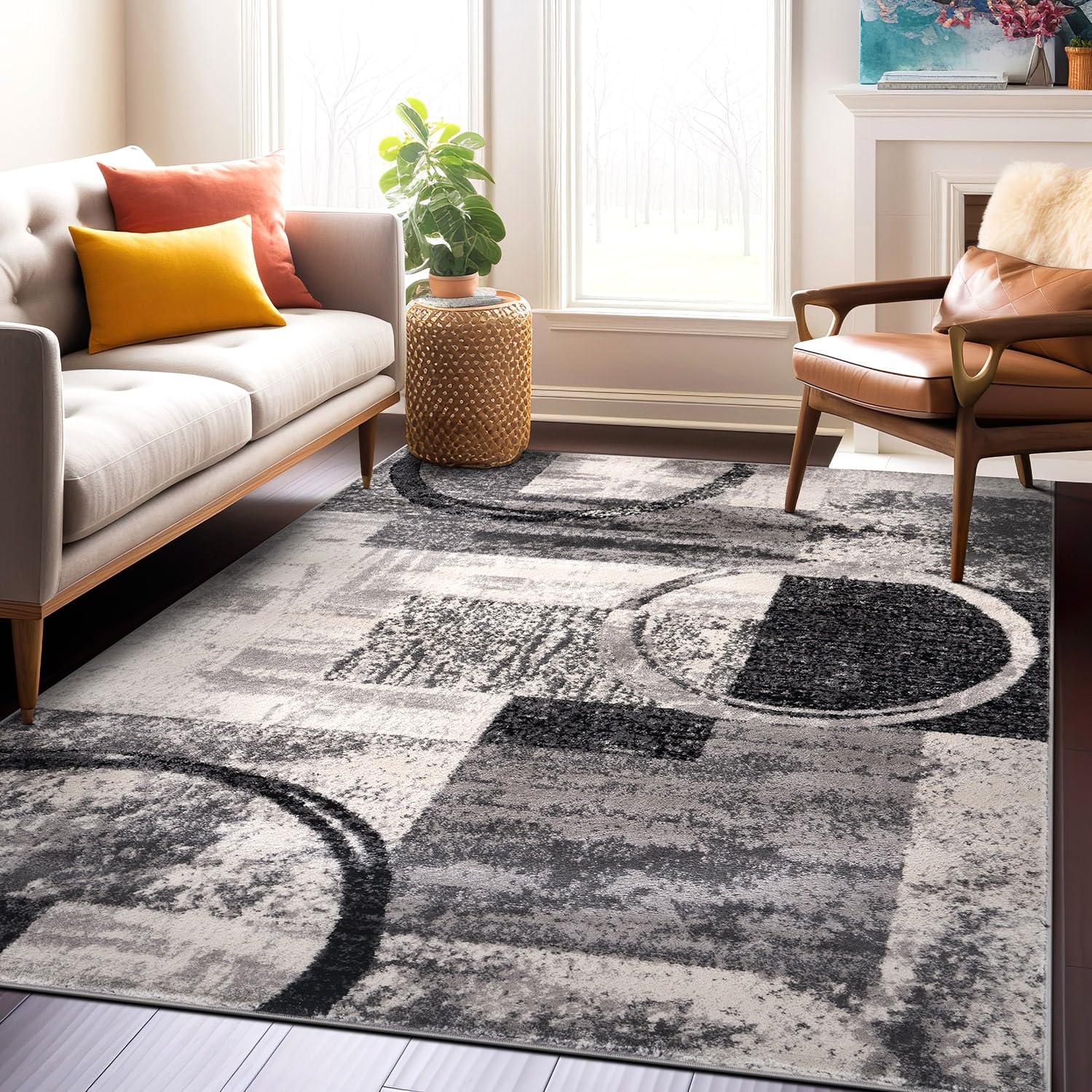 Rugshop Contemporary Abstract Circle Design Soft Area Rug 7'10'' x 10'2'' Cream