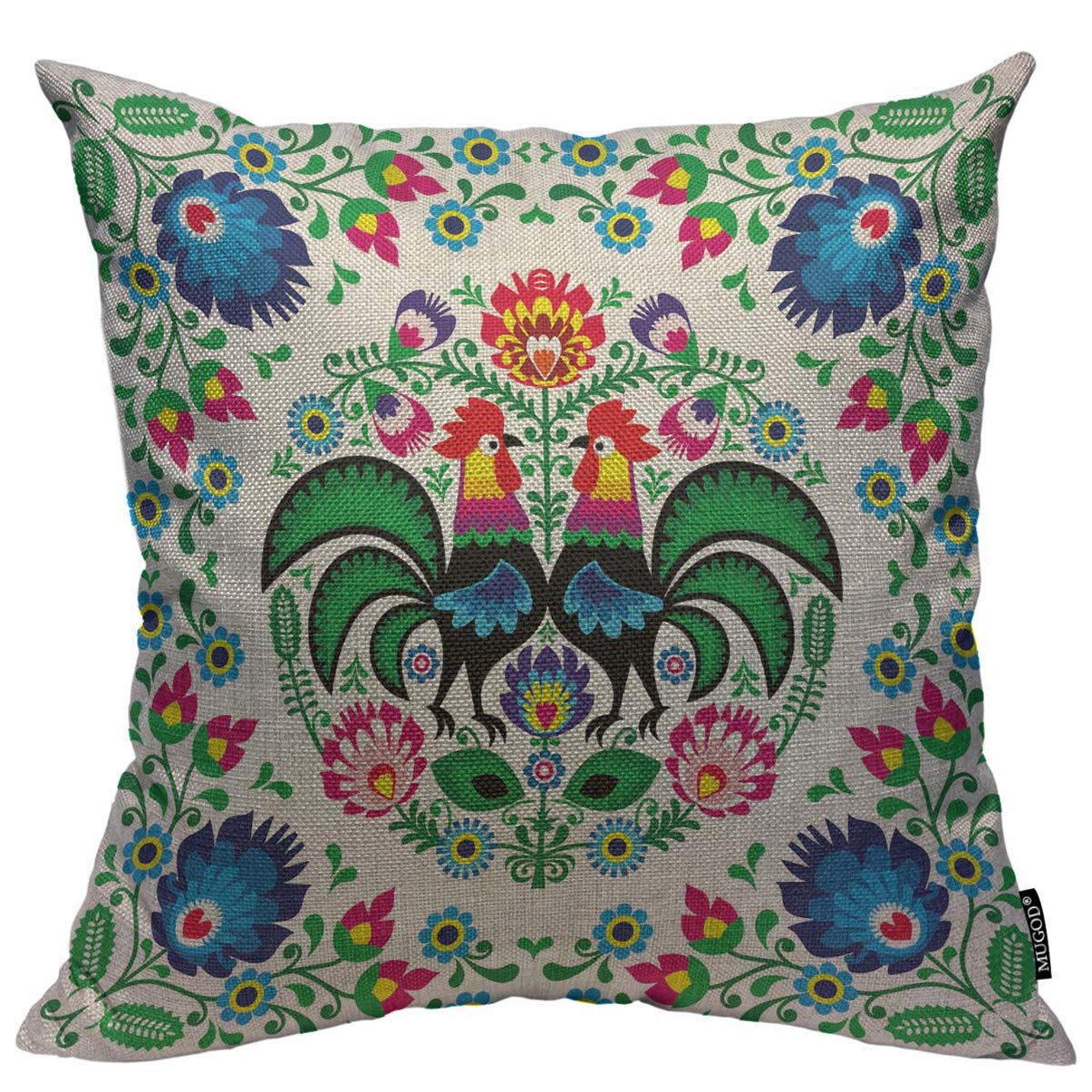 Mugod Poland Flowers Throw Pillow Cover Polish Floral Folk Art Square Pattern With Rooster Decorative Square Pillow Case For Hom