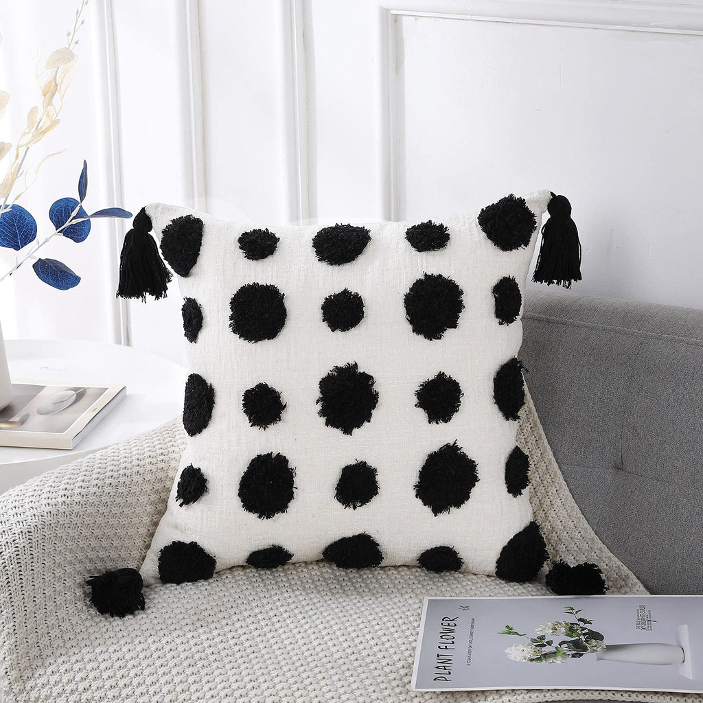 Panod Super Soft Farmhouse Decorative Plush Throw Pillow Covers 16 X 16 Black,Solid Pom Pom Tufted With Tassels Modern Accent Bo