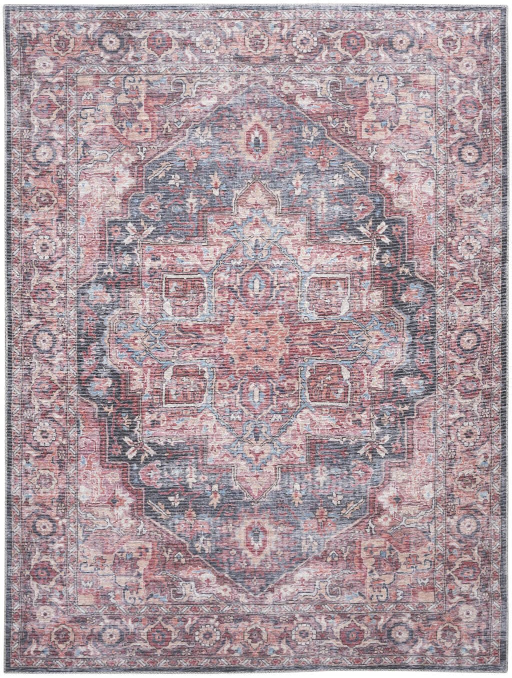 HomeRoots 522579 8 x 10 ft. Red Floral Power Loom Distressed Washable Rectangle Traditional Area Rug
