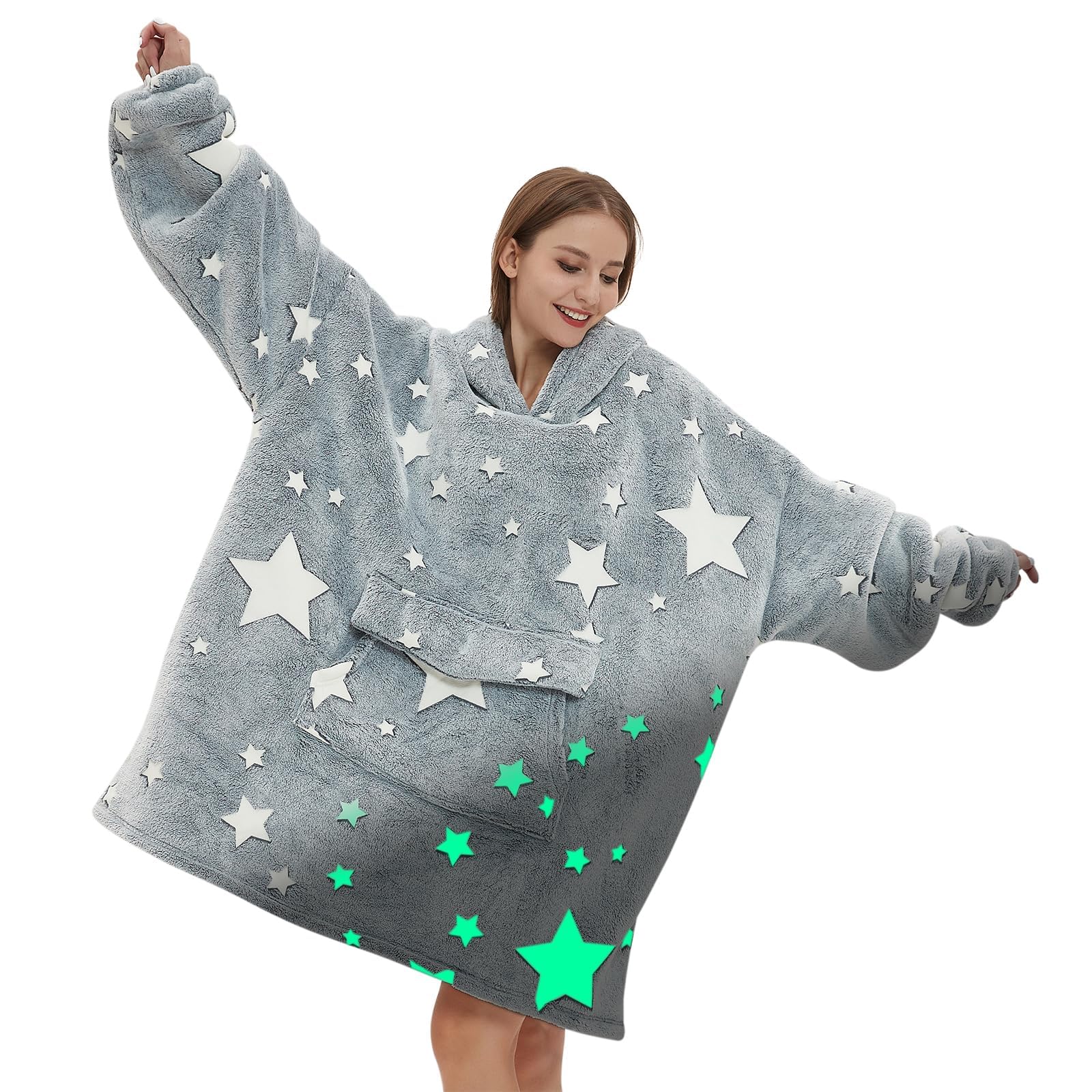 Glow In The Dark Wearable Blanket Hoodie For Adult,Oversized Sherpa Fleece Blanket Hoodie For Women Men,Wearable Blanket Hoodie
