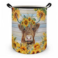 Fyecoluo Rustic Sunflower Highland Cow Laundry Basket with Handles, Farmhouse Floral Highland Cow Laundry Hamper Waterproof Coll