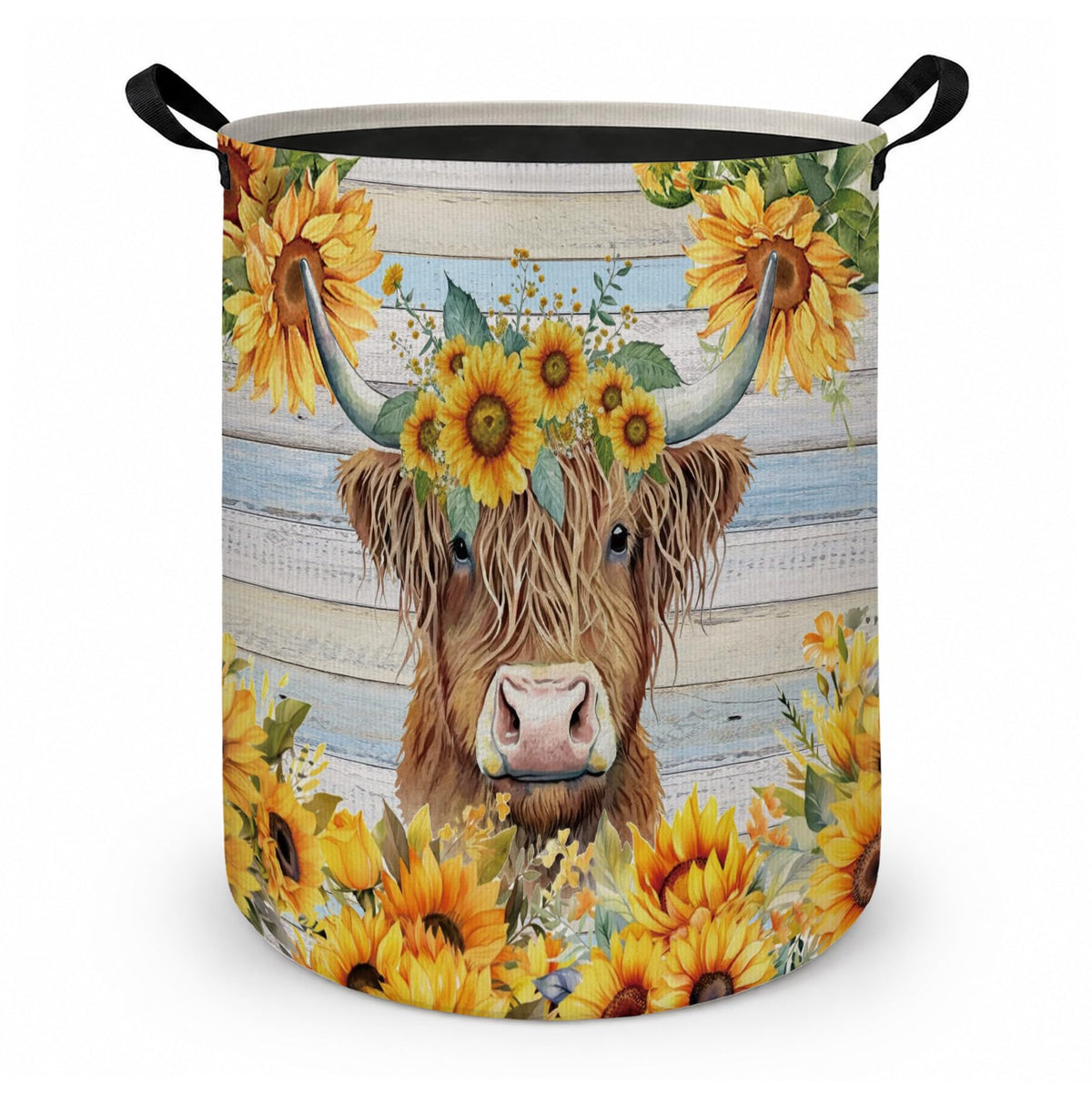 Fyecoluo Rustic Sunflower Highland Cow Laundry Basket with Handles, Farmhouse Floral Highland Cow Laundry Hamper Waterproof Coll