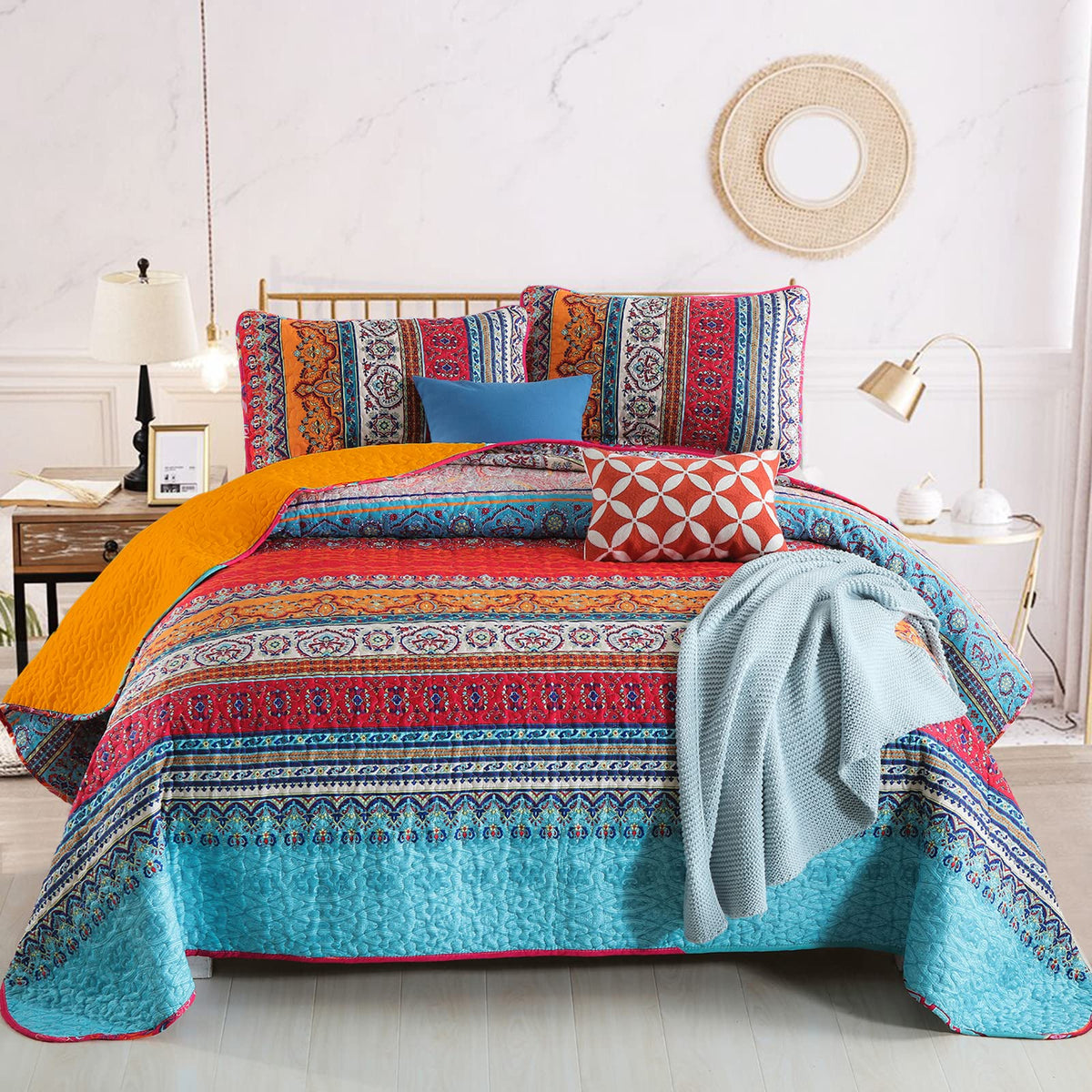 Wongs Bedding Boho Quilt King Size, Orange And Blue Bohemian King Quilt, All Season Lightweight Bedspread For Bedroom Decro 103'