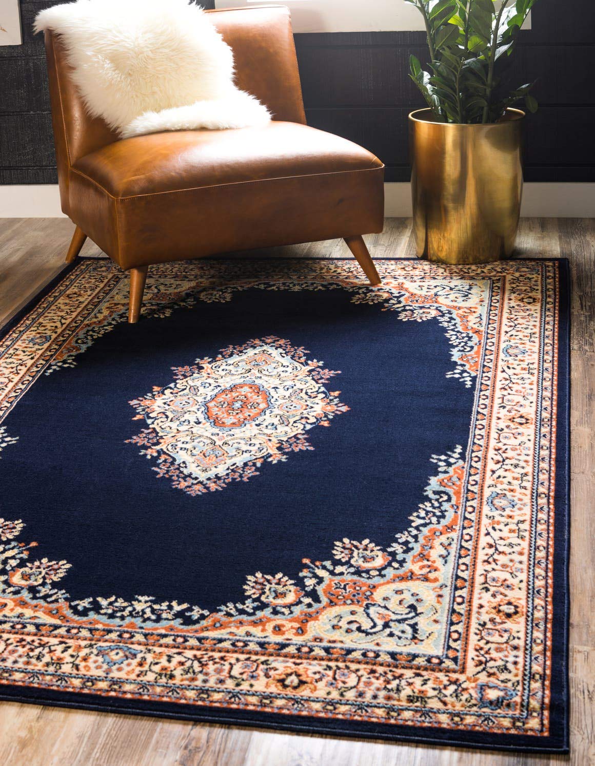 Unique Loom Reza Collection Traditional Persian Style Area Rug, 4 x 6 ft, Navy Blue/Ivory