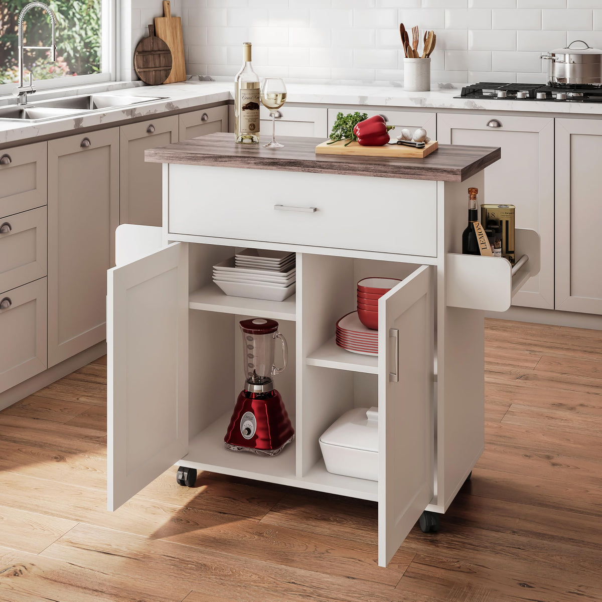 Techni Home Deluxe Mobile Kitchen Island Cart With Water Resistant Top And Storage Cabinets With Adjustable Shelves – Coffee Bar Or Kitchen Cart With Towel Rack And Spice Rack And Locking Wheels