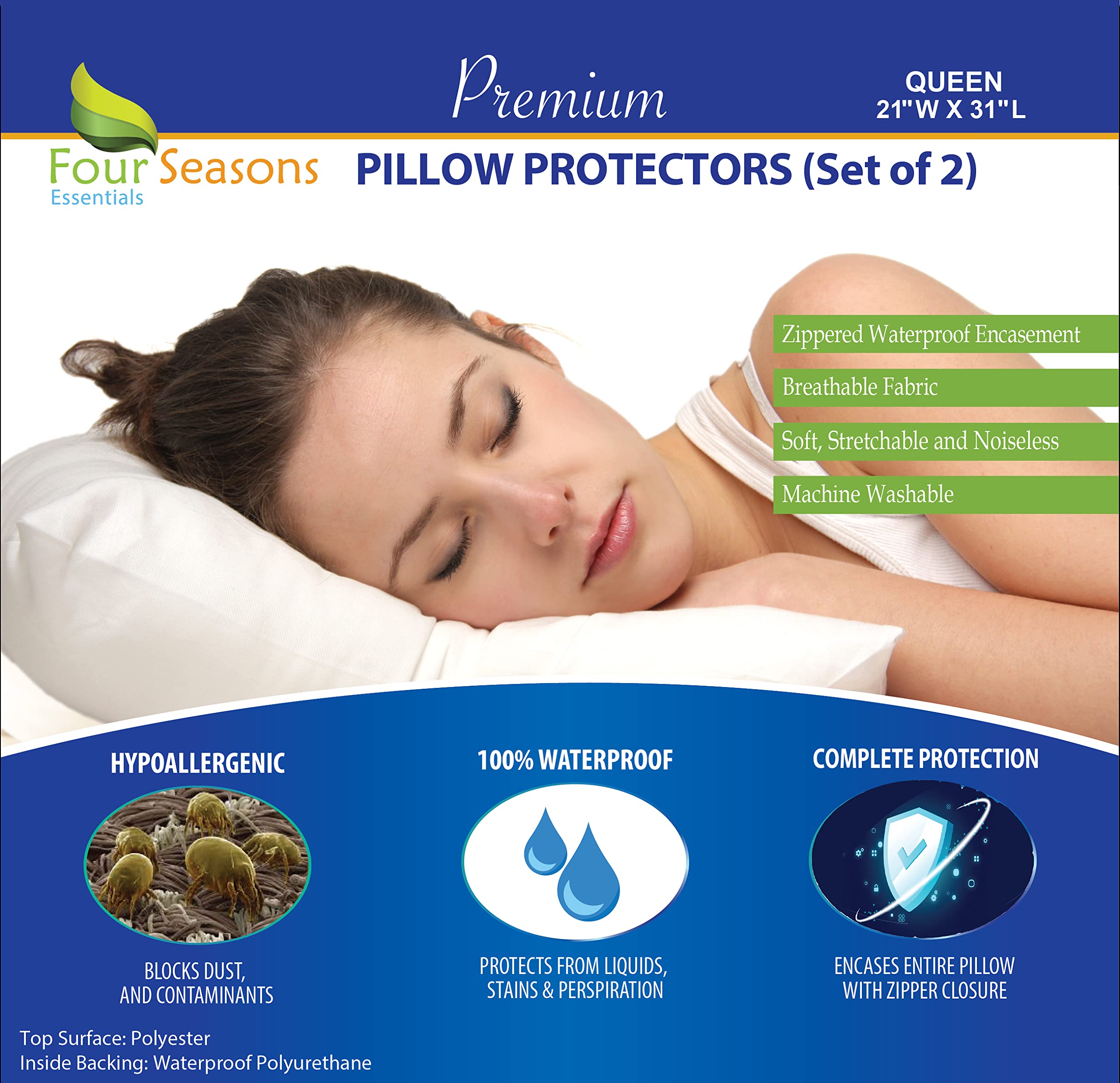 Queen Size Waterproof Pillow Protectors (Set Of 2) - Zippered Hypoallergenic Pillowcase Cover Allergen Dust Proof Encasement