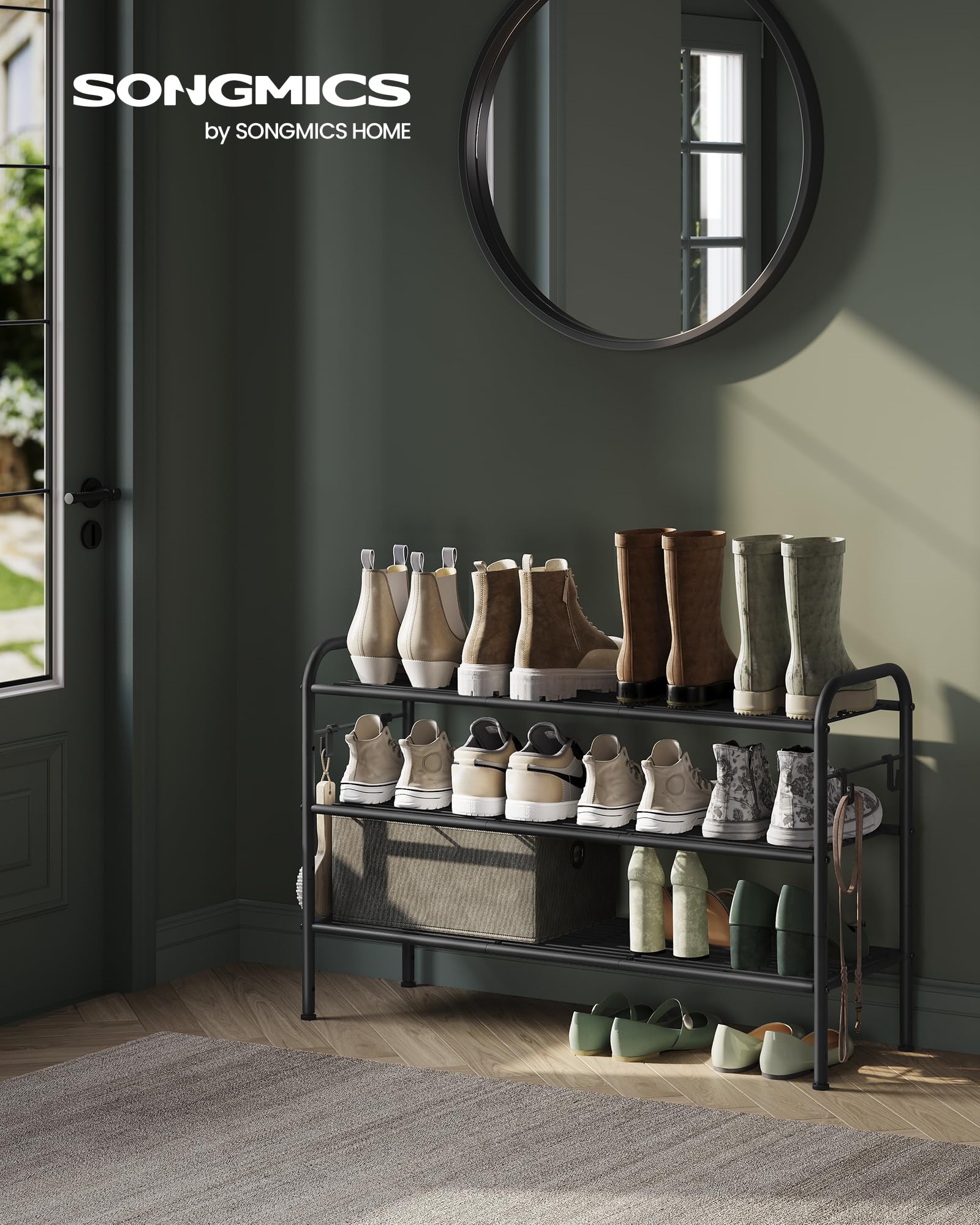 Songmics Shoe Rack, 3-Tier Shoe Organizer, Metal Shoe Shelf Storage With 4 Side Hooks, Holds 15 Pairs Of Shoes, Height-Adjustable Shoe Rack For Entryway, Hallway, Closet, Easy Assembly, Ink Black