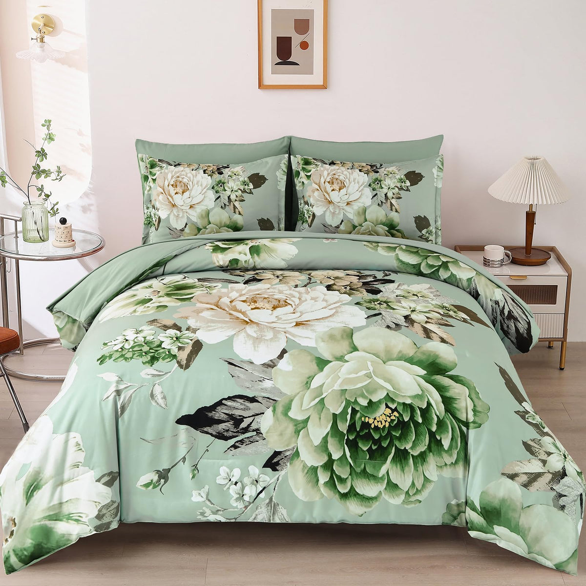 Dintszyayue Queen Sage Green Comforter Set,7 Pieces Green Floral Bed In A Bad Elegant Flower Print Bedding Set Soft Microfiber B