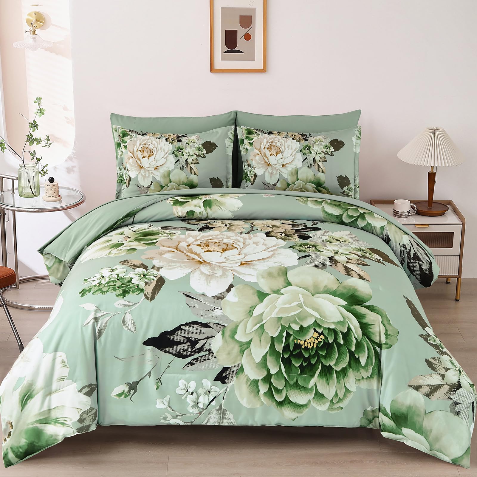 Dintszyayue Queen Sage Green Comforter Set,7 Pieces Green Floral Bed In A Bad Elegant Flower Print Bedding Set Soft Microfiber B