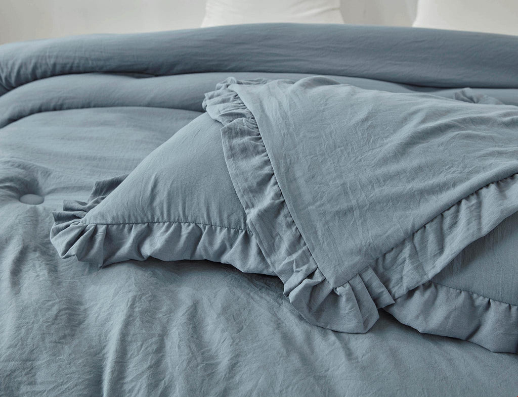 Chezmoi Collection Nora 3-Piece Ruffled Edge Trim Soft Washed Microfiber Comforter Set (Queen, Dusty Blue)