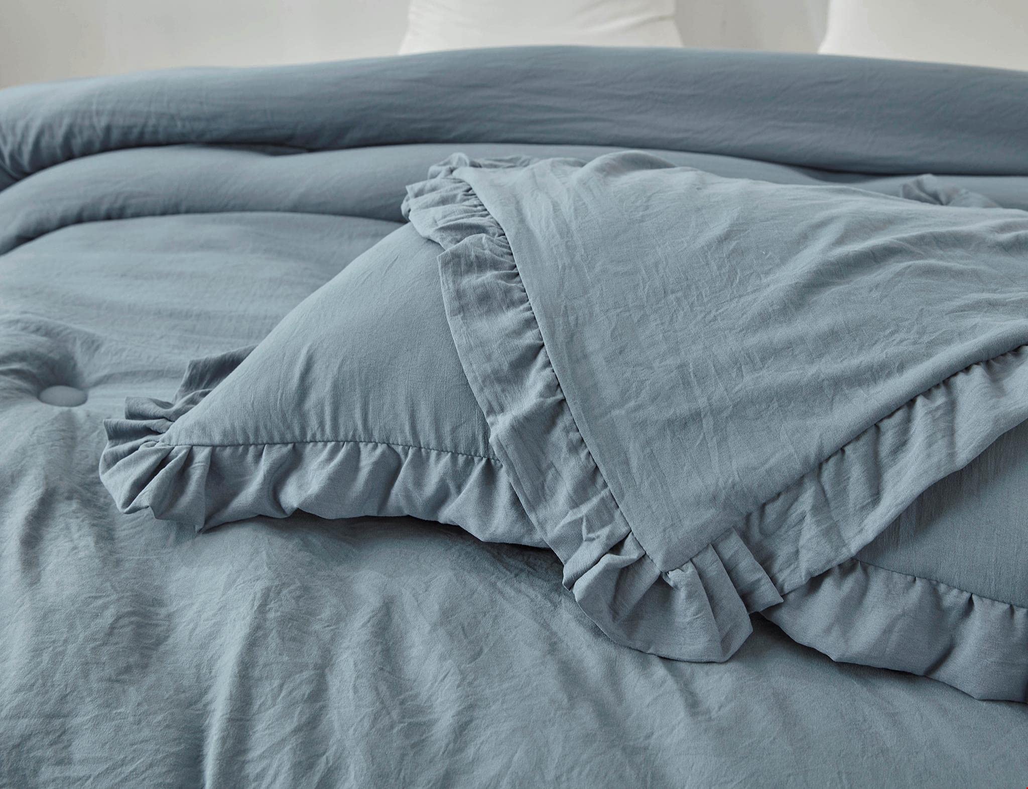 Chezmoi Collection Nora 3-Piece Ruffled Edge Trim Soft Washed Microfiber Comforter Set (Queen, Dusty Blue)