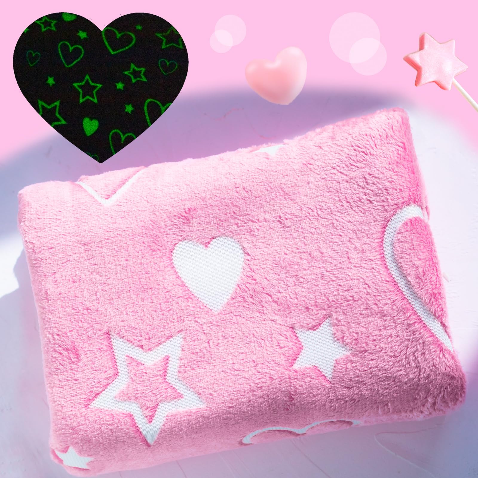 Christmas Glow in The Dark Pink Cute Love Throw Blanket with Storage Bag, Soft Throw Blanket, Girls Blanket, Gifts for Children 