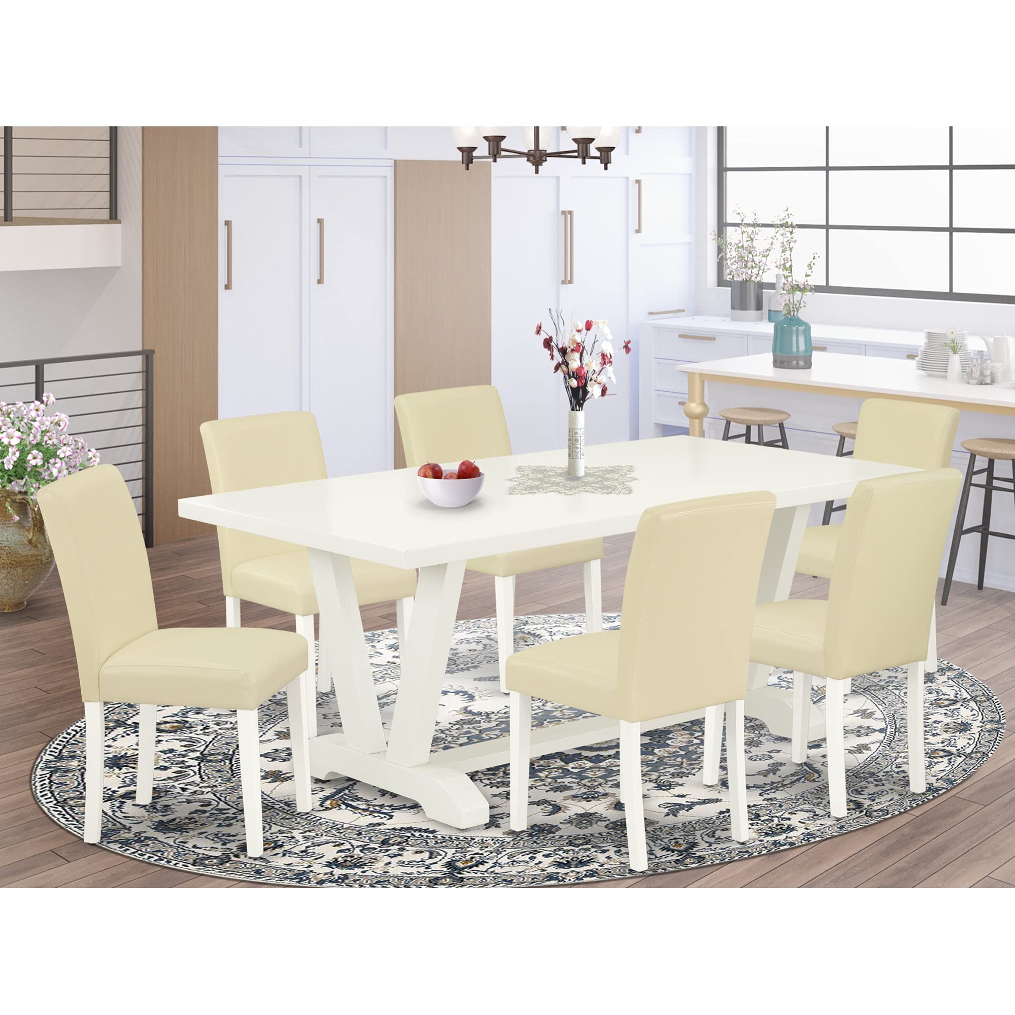 East West Furniture V-Style 7 Piece Room Furniture Set Consist Of A Rectangle Dining Table With V-Legs And 6 White Faux Leather Upholstered Chairs, 40X72 Inch, Multi-Color