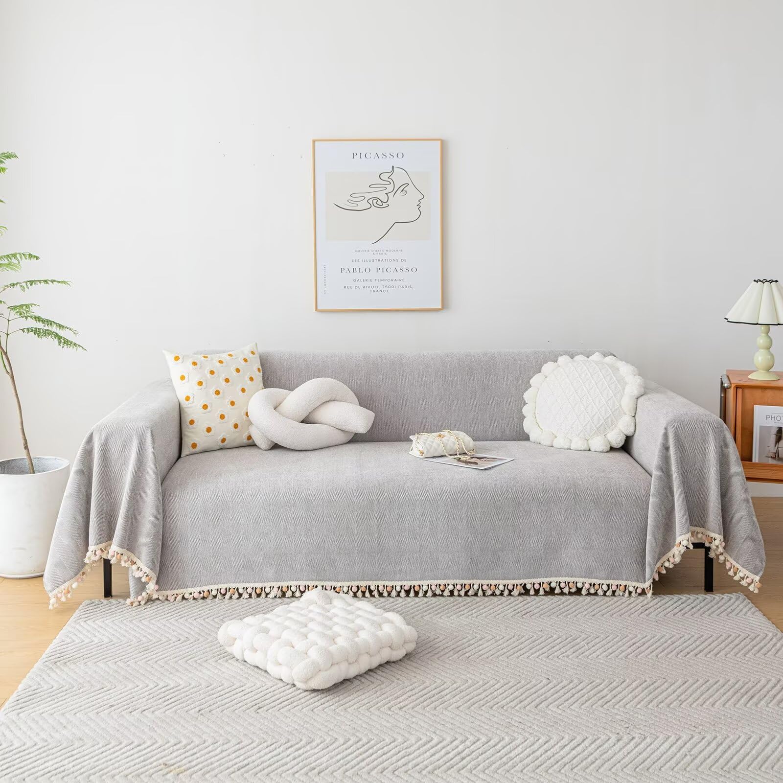 VClife Large Grey Couch Cover Modern Ball Tassel Fringe Couch Cover for 3 Cushion Couch Sofa Non Slip Pet Friendly Chenille Sofa