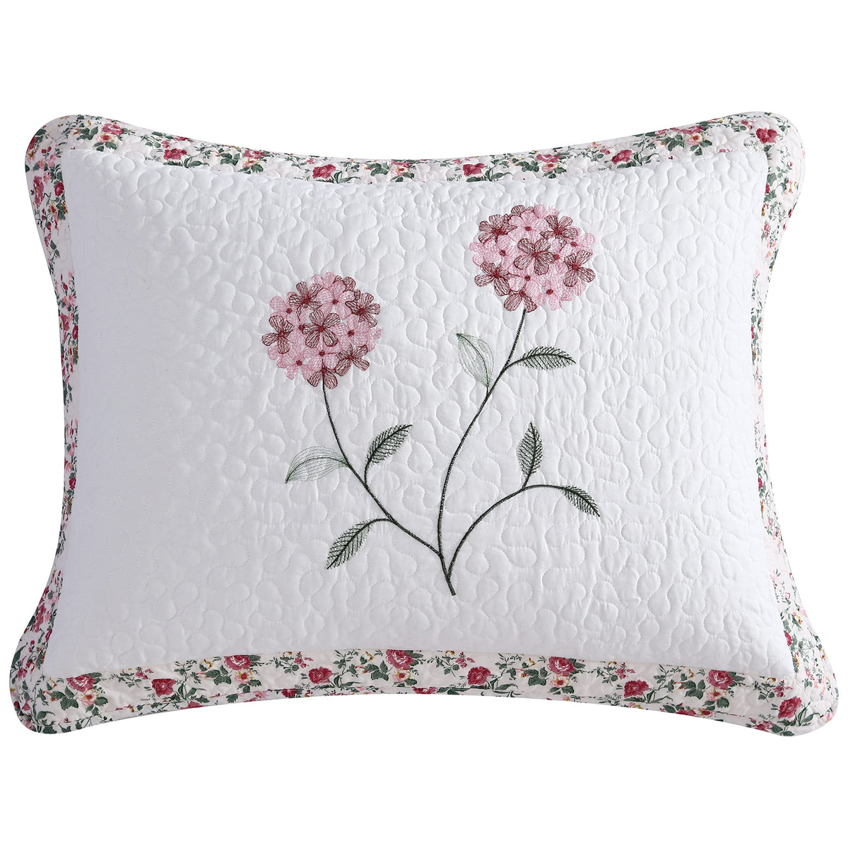 Beatrice Home Fashions Carnation Floral Embroidered Quilted Pillow Sham, Lightweight, All-Seasons, Standard Sham, Rose 20' X 26