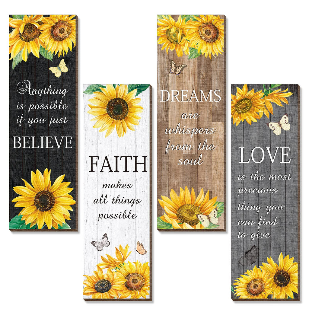 4 Pcs Sunflower Wall Decor Inspirational Sunflower Kitchen Decors Butterfly Gifts for Woman Rustic Farmhouse Love Faith Believe 