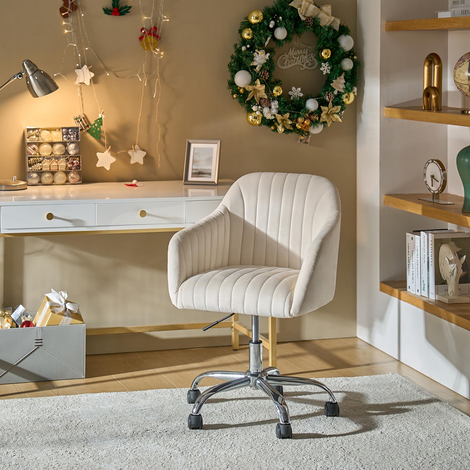 Hulala Home Velvet Tan Office Desk Chair, Swivel Computer Chair With Chrome-Plated Metal Base, Height Adjustable Cozy Task Chair For Study, Modern Cute Vanity Chair For Women, Girls