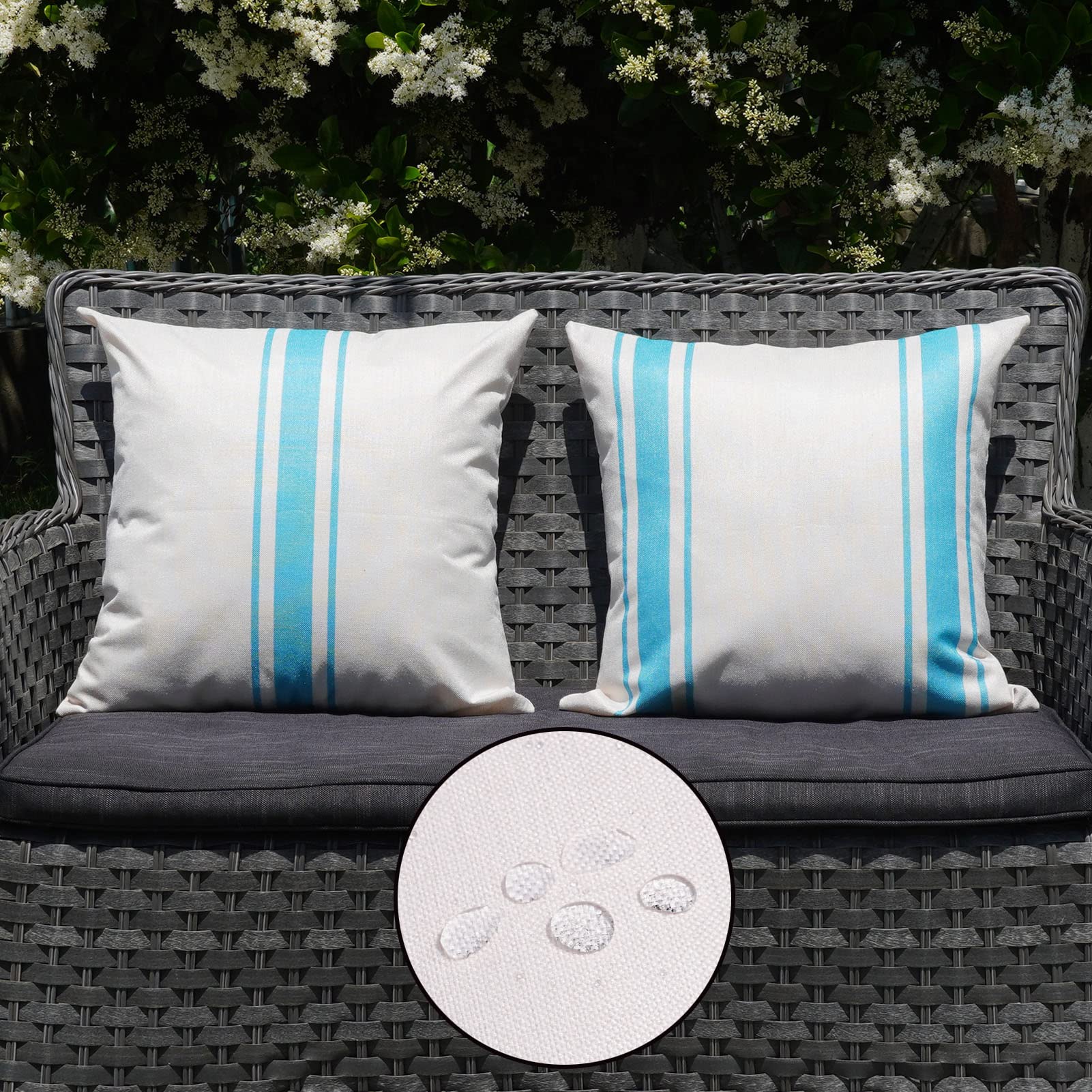 Onway Outdoor Pillow Covers Waterproof 20X20 Set Of 2 Decorative Linen Throw Pillow Cover Beige And Blue Striped Outdoor Pillows
