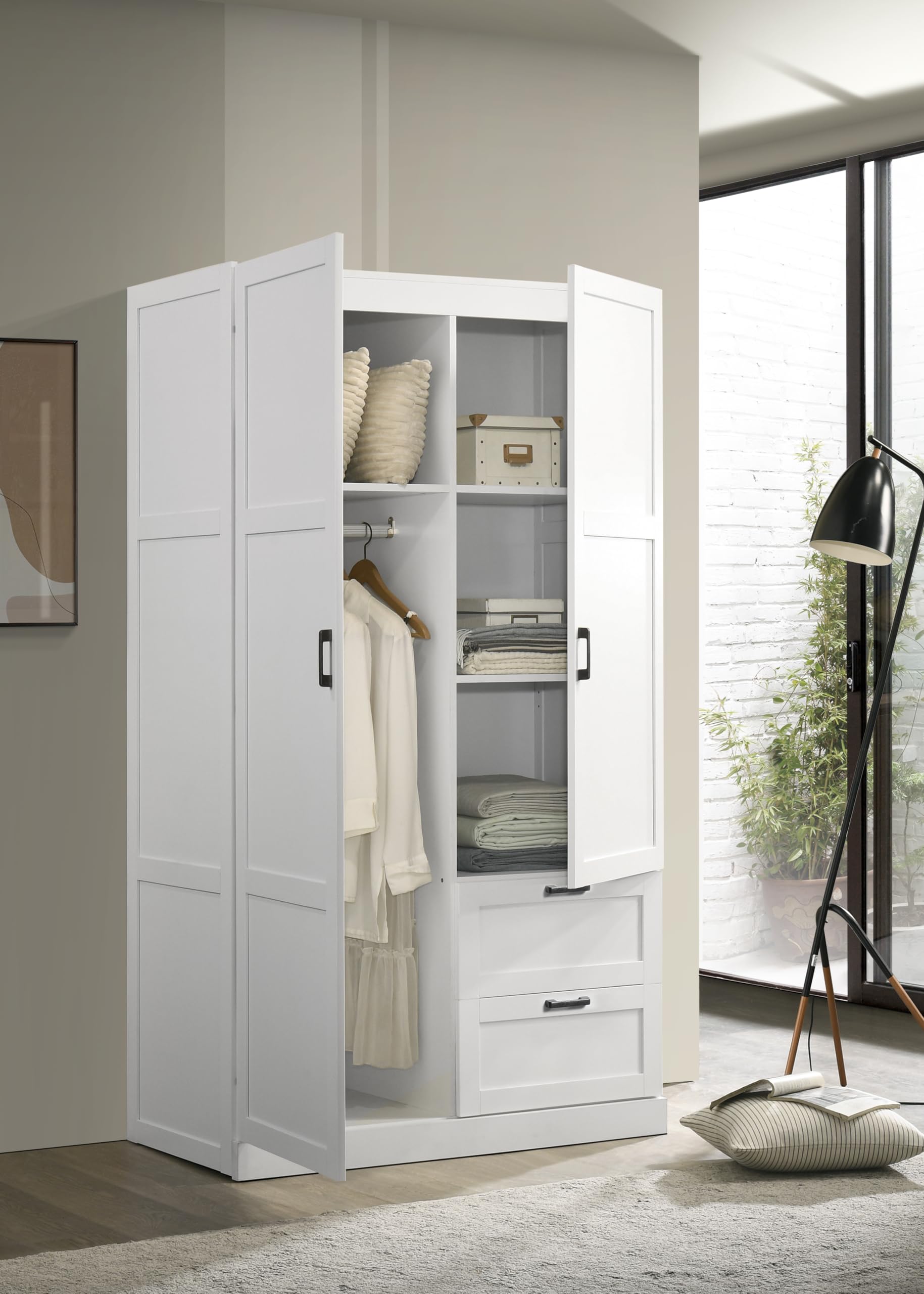 LILOLA LIVING Aubree White Wardrobe Cabinet Armoire with 2 Drawers and Hanging Rod