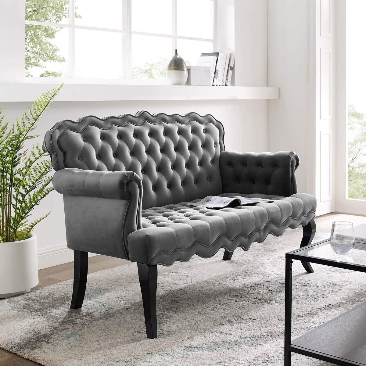 Modway Viola Tufted Velvet Modern Chesterfield Style Settee Loveseat In Gray