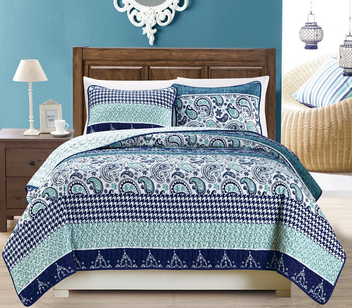 Grand Linen 3-Piece Fine Printed Oversize (100' X 95') Quilt Set Reversible Bedspread Coverlet Full/Queen Size Bed Cover (Navy