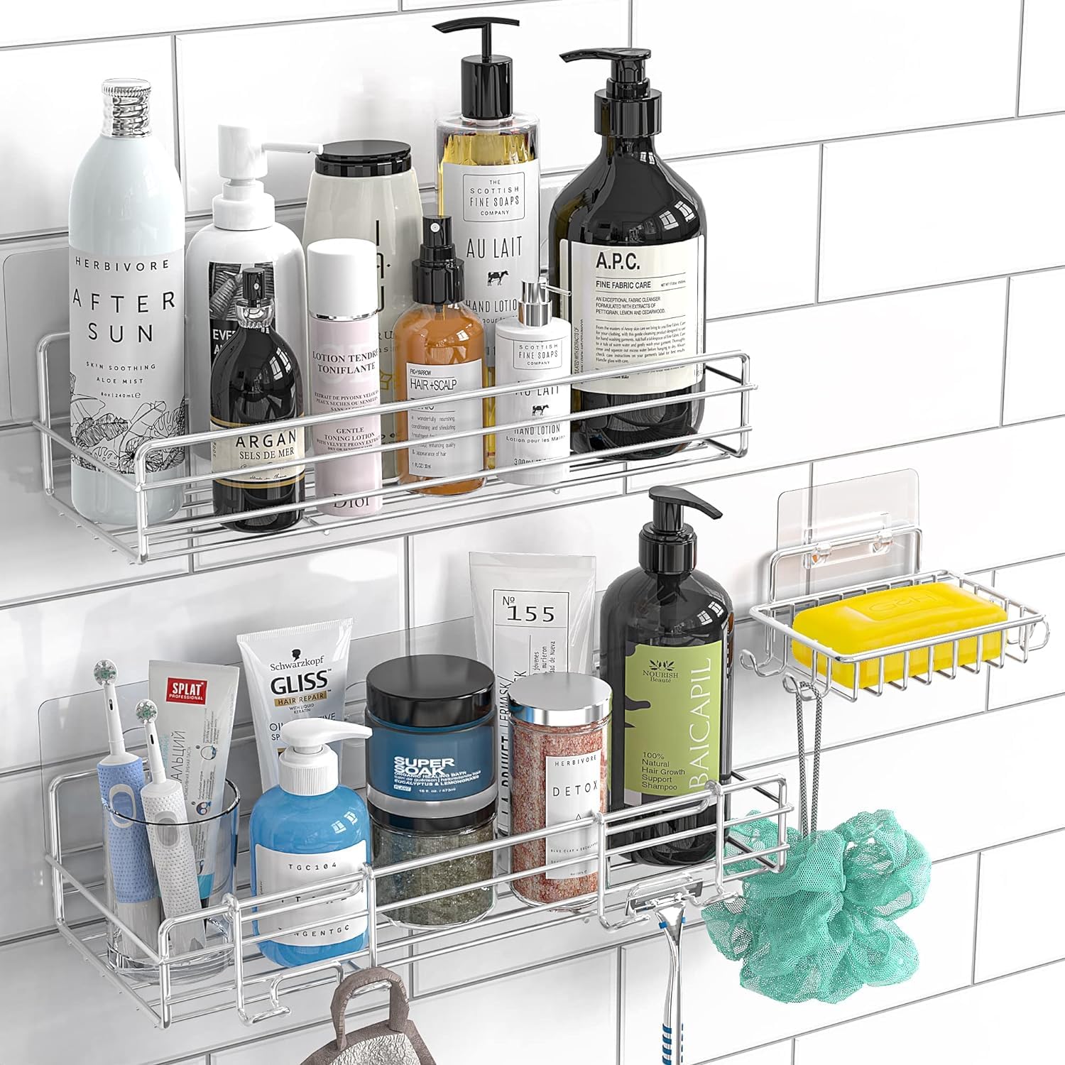 Moforoco Shower Caddy Basket Shelf with Soap Holder, No Drilling Traceless Adhesive Shower Wall Shelves, Rustproof Bathroom Show