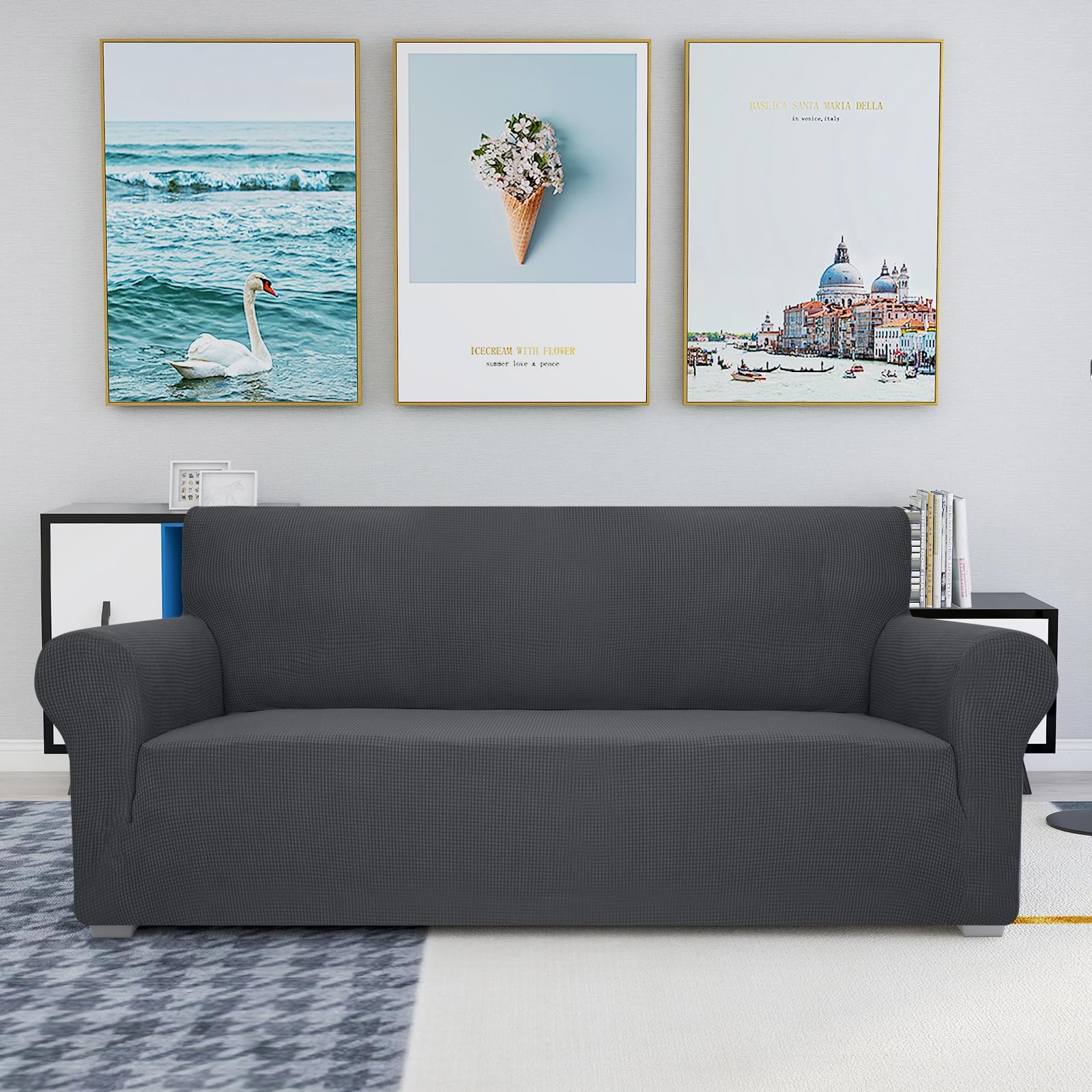 Jiviner High Stretch Couch Covers For 3 Cushion Couch, 1-Piece Jacquard Sofa Slipcovers Fitted Washable Sofa Covers With Elastic Bottom Furniture Protector For Kids Pets (Sofa, Grey)