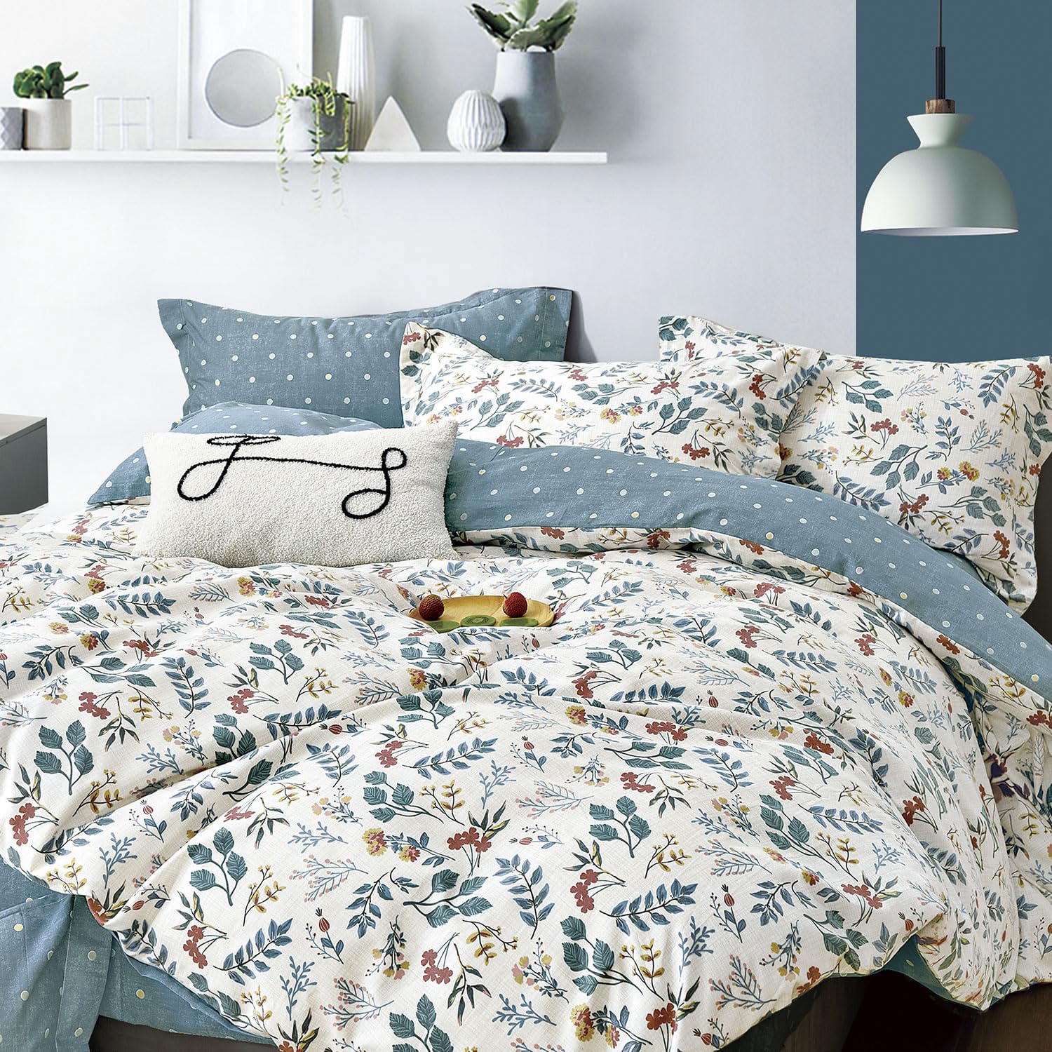 Lemiroe Botanical Cotton Comforter Queen Size - Lake Green Comforter With Dusky Blue & Warm Rust Leaves On Ivory,Reversible Ligh